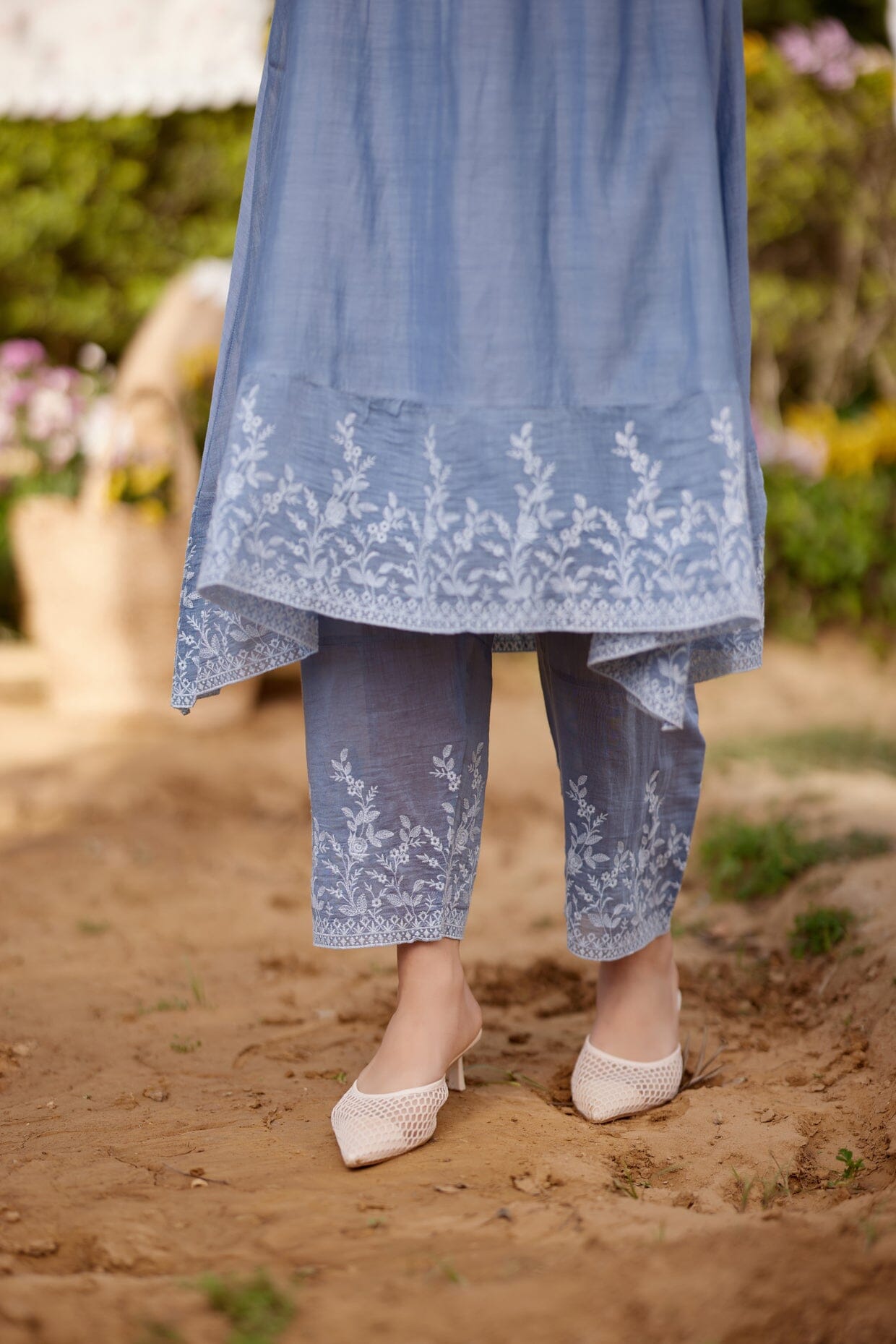 BLUE AFRICAN LILY fields- set of 3( A-line kurta, pants & dupatta) Naaz By Noor
