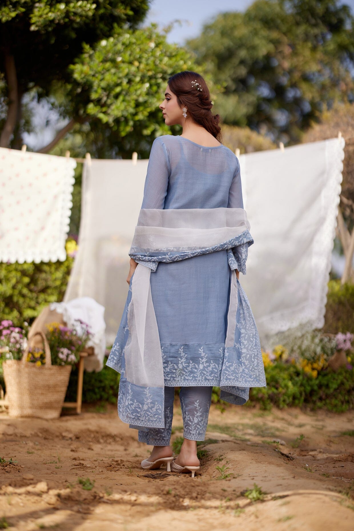 BLUE AFRICAN LILY fields- set of 3( A-line kurta, pants & dupatta) Naaz By Noor