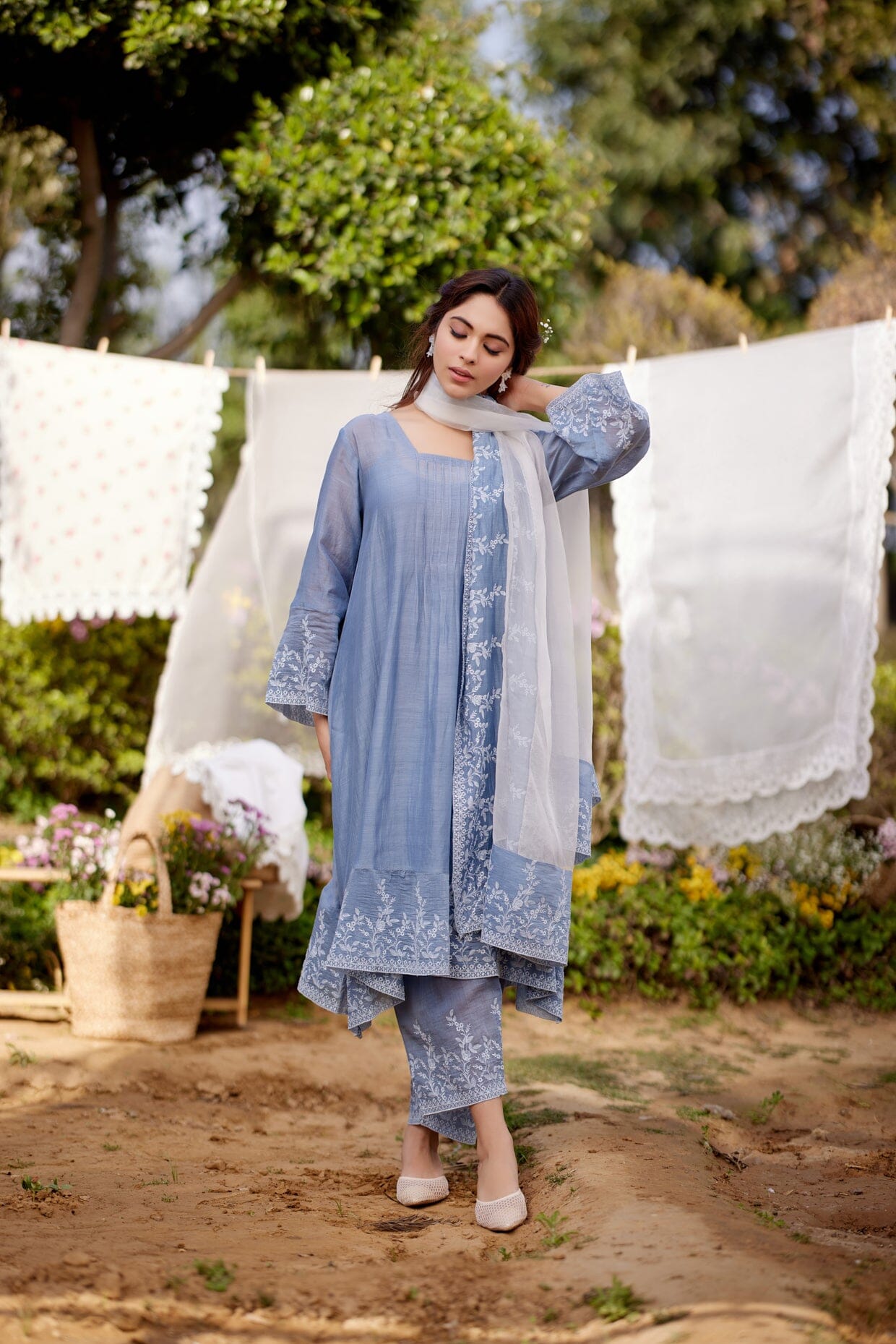 BLUE AFRICAN LILY fields- set of 3( A-line kurta, pants & dupatta) Naaz By Noor