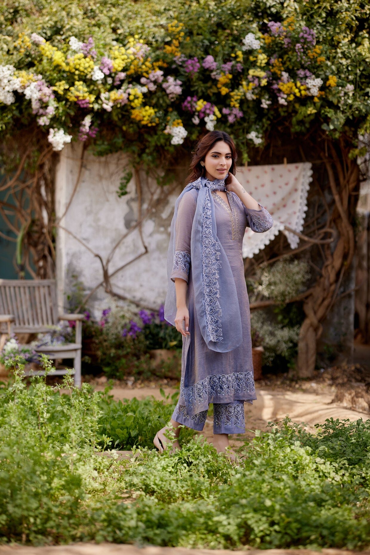 BLUE BUTTERFLY BLUSH fields- set of 3 ( kurta, pant & dupatta) Naaz By Noor