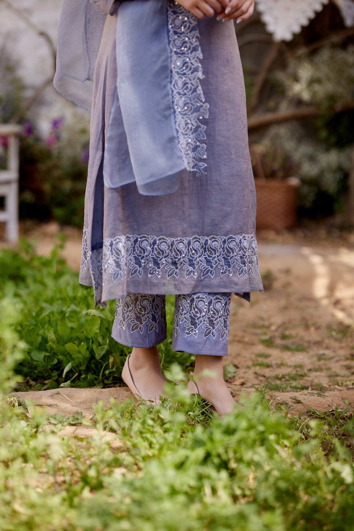BLUE BUTTERFLY BLUSH fields- set of 3 ( kurta, pant & dupatta) Naaz By Noor