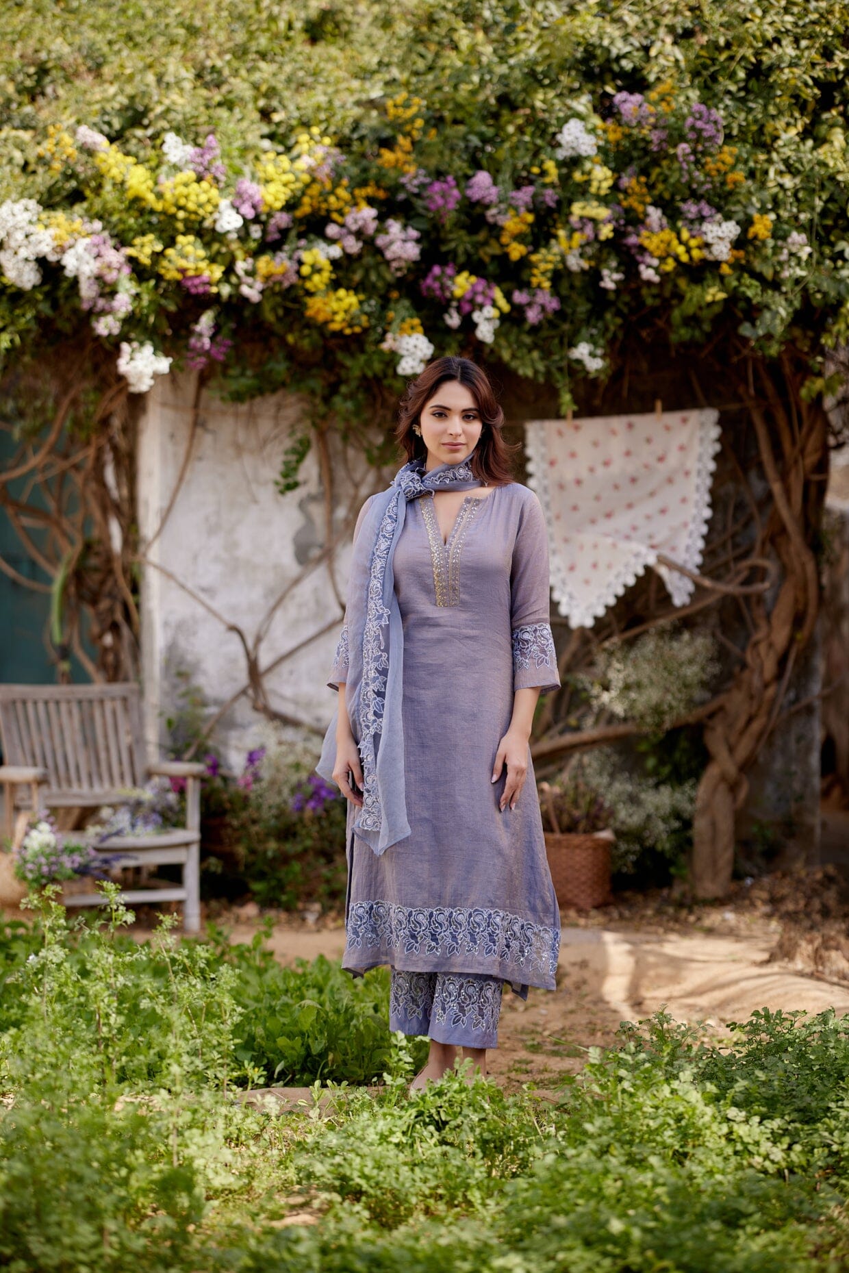 BLUE BUTTERFLY BLUSH fields- set of 3 ( kurta, pant & dupatta) Naaz By Noor