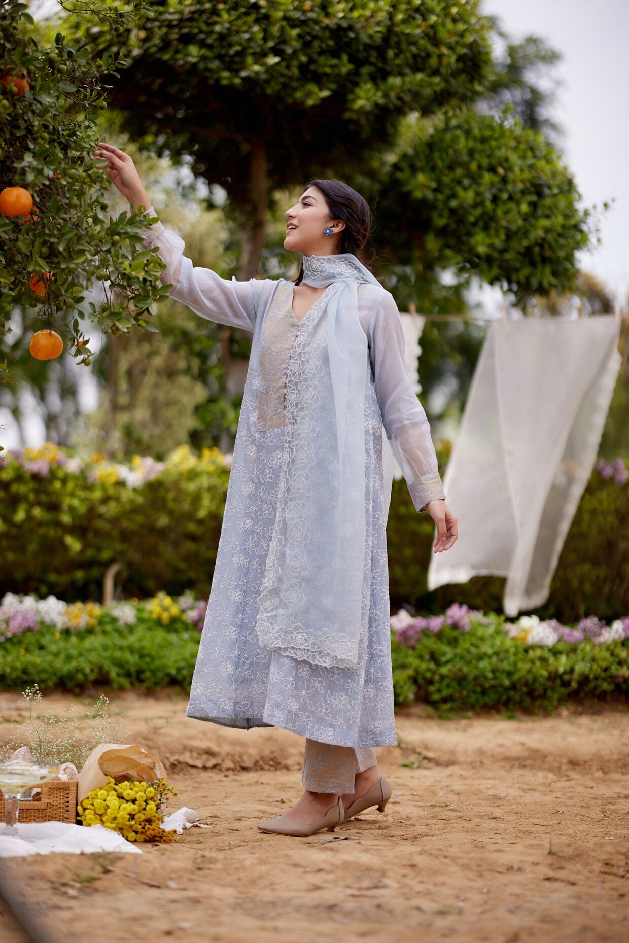 BLUE HIMALAYAN POPPY fields-set of 3(kurta, pant & dupatta) Naaz By Noor