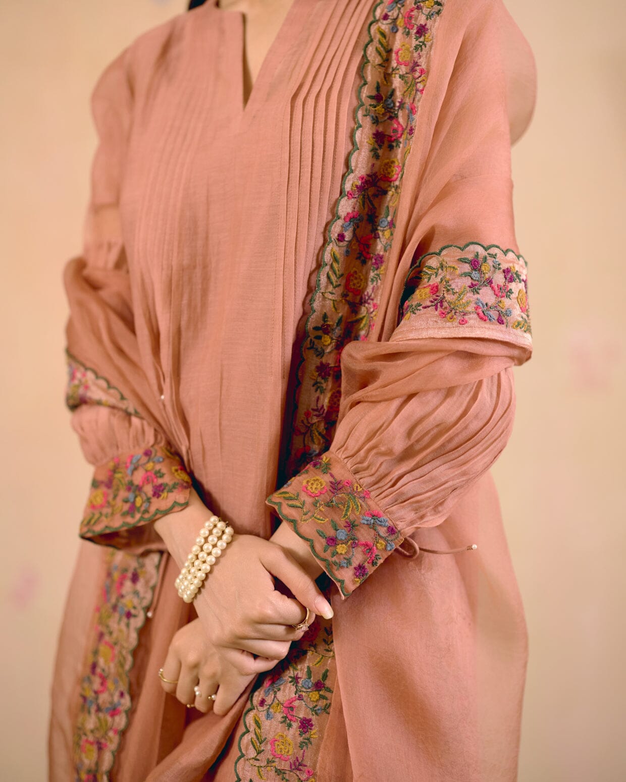 DUSTY PINK FINE CHANDERI- SET OF 3( KURTA, PANT & DUPATTA) Naaz By Noor