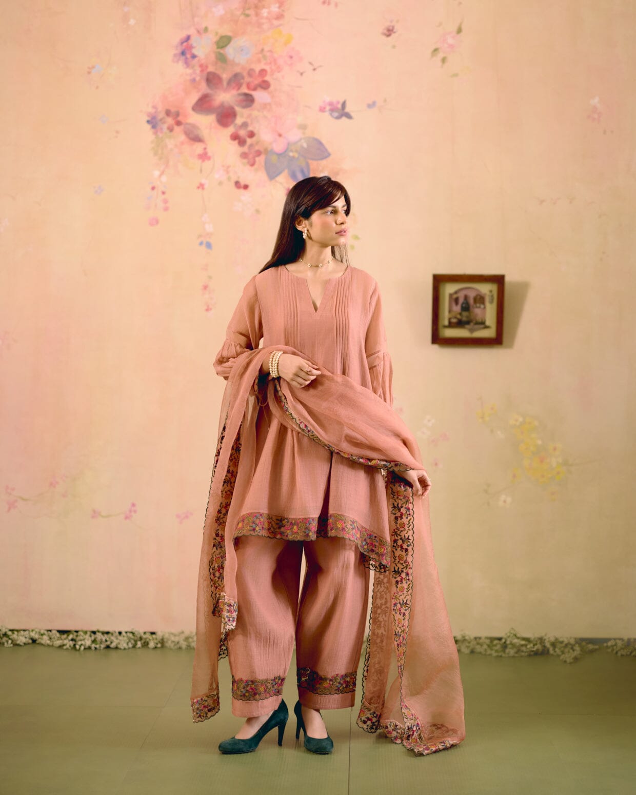 DUSTY PINK FINE CHANDERI- SET OF 3( KURTA, PANT & DUPATTA) Naaz By Noor