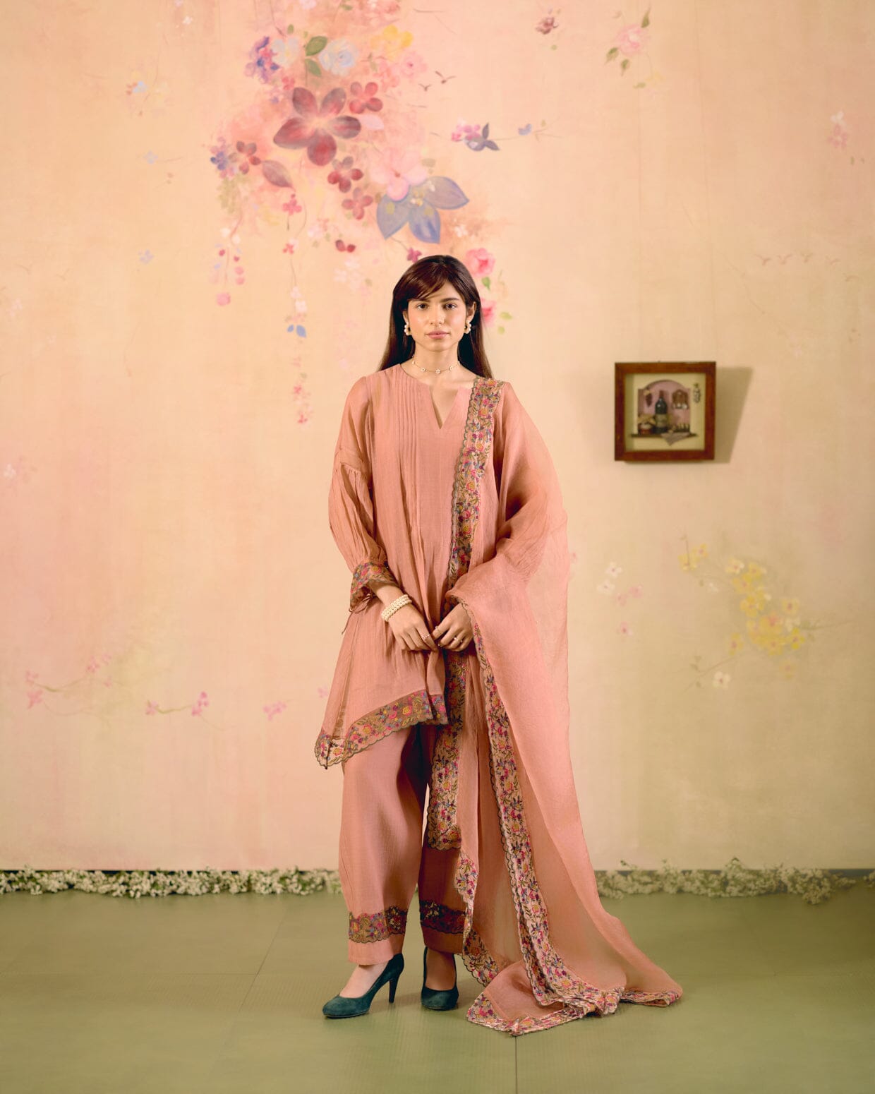 DUSTY PINK FINE CHANDERI- SET OF 3( KURTA, PANT & DUPATTA) Naaz By Noor