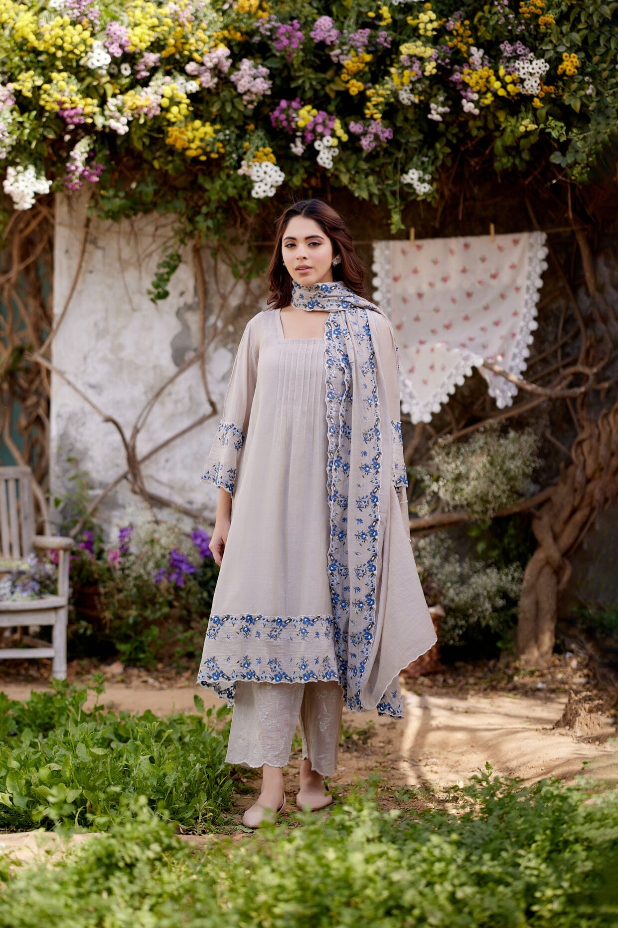 GREY IRIS fields- set of 3 ( A- line kurta, pant & dupatta) Naaz By Noor