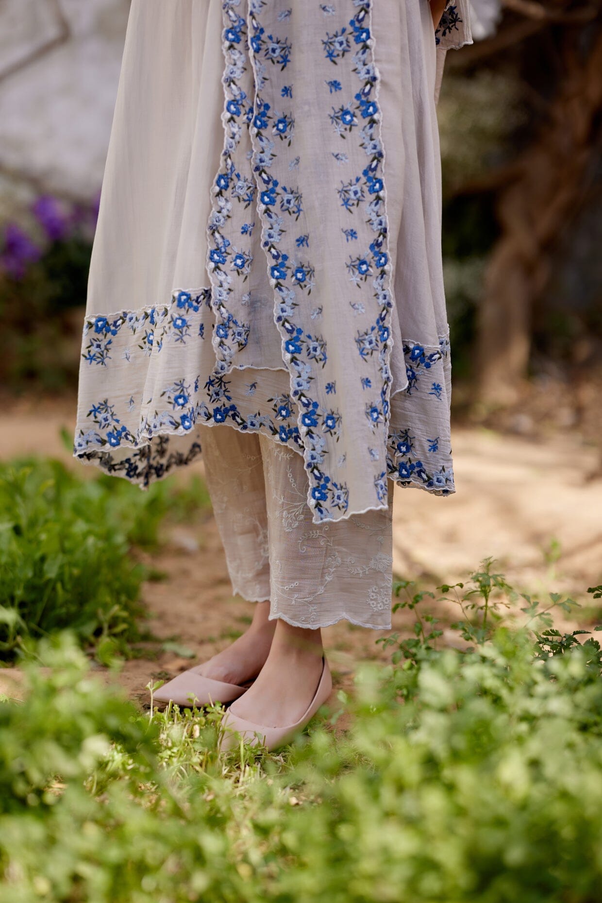 GREY IRIS fields- set of 3 ( A- line kurta, pant & dupatta) Naaz By Noor