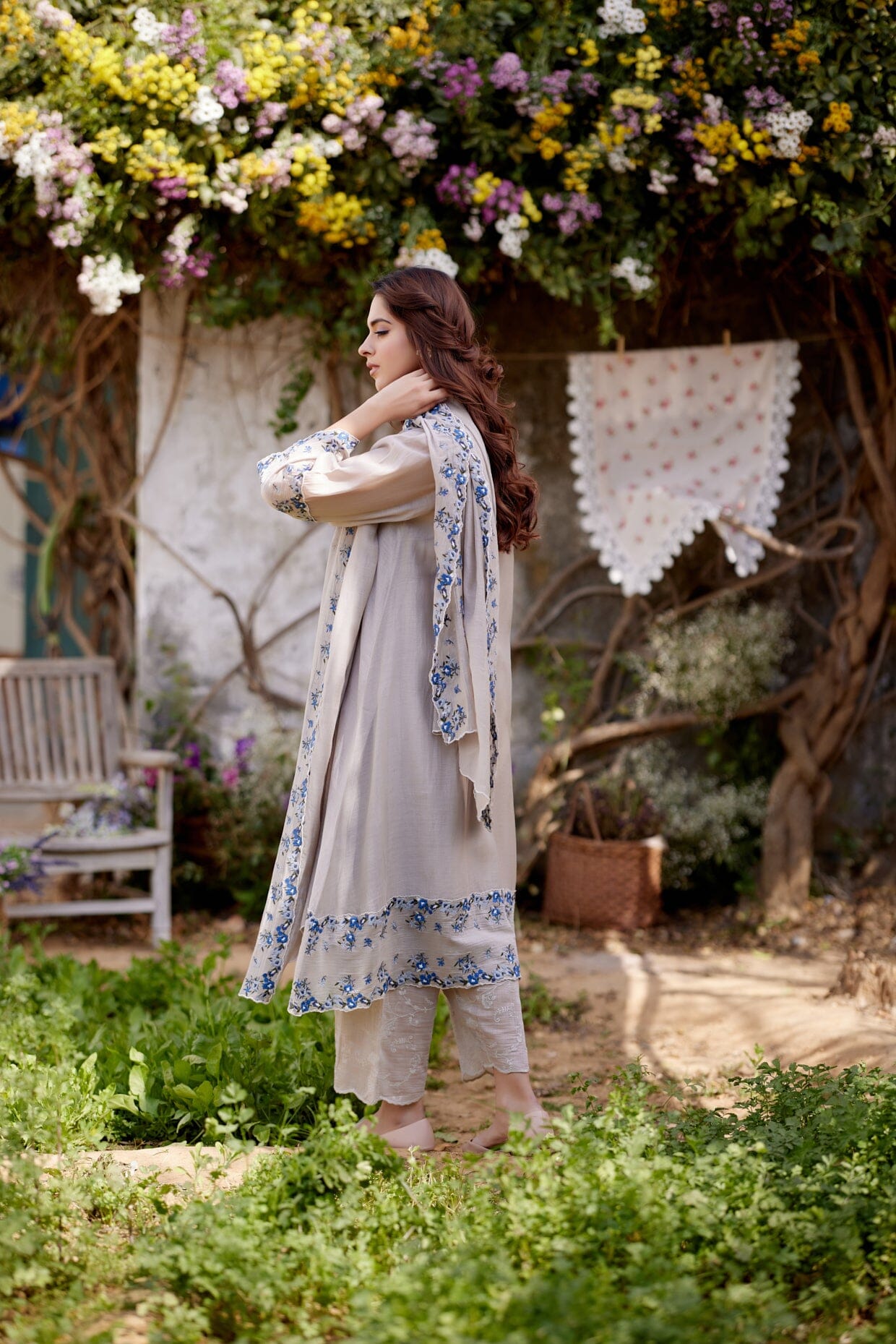 GREY IRIS fields- set of 3 ( A- line kurta, pant & dupatta) Naaz By Noor