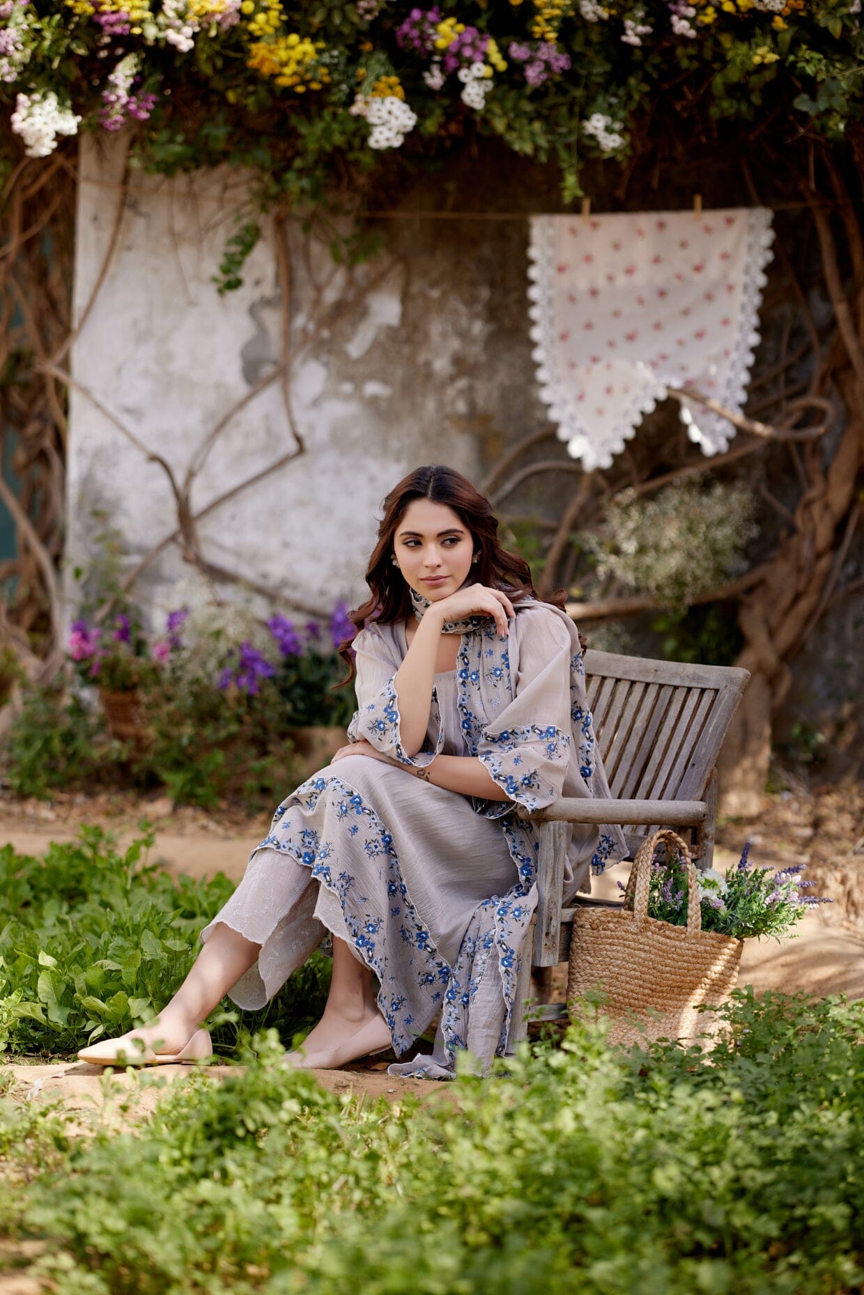 GREY IRIS fields- set of 3 ( A- line kurta, pant & dupatta) Naaz By Noor