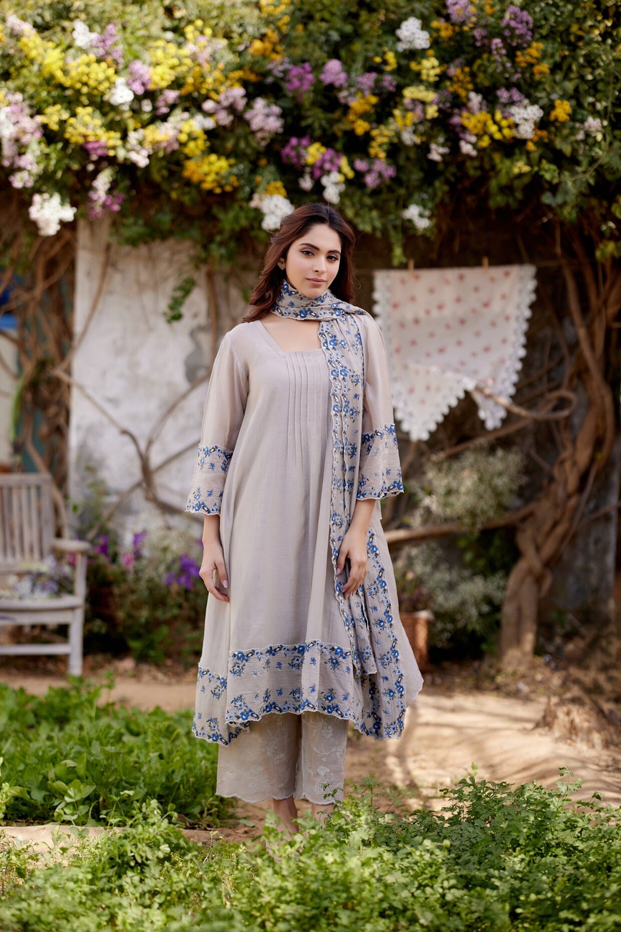 GREY IRIS fields- set of 3 ( A- line kurta, pant & dupatta) Naaz By Noor