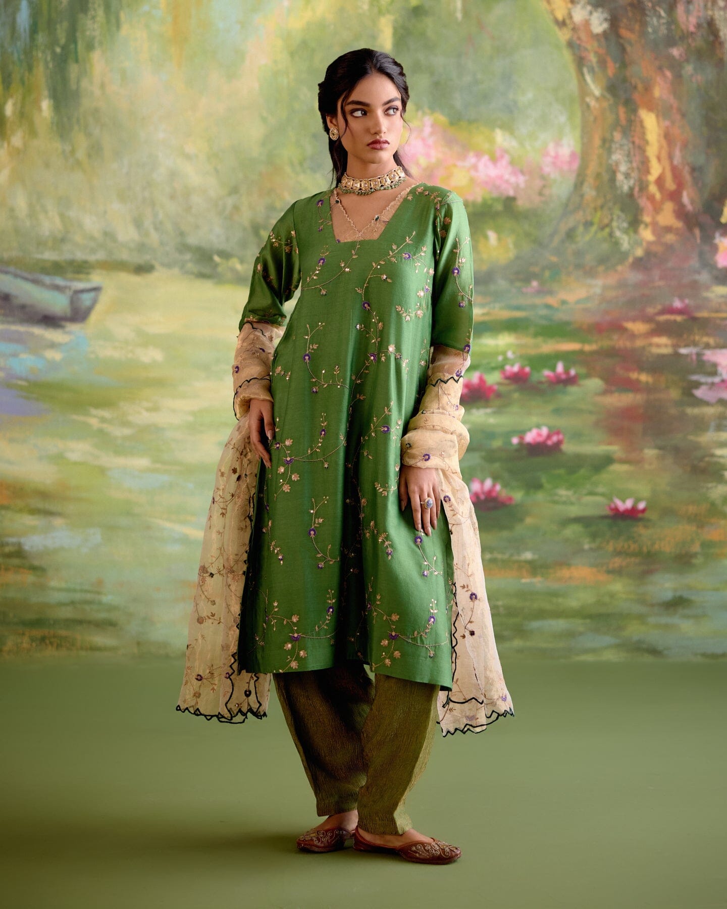 JOR BAAGH GREEN -SET OF 3( kurta, pant & dupatta) Naaz By Noor