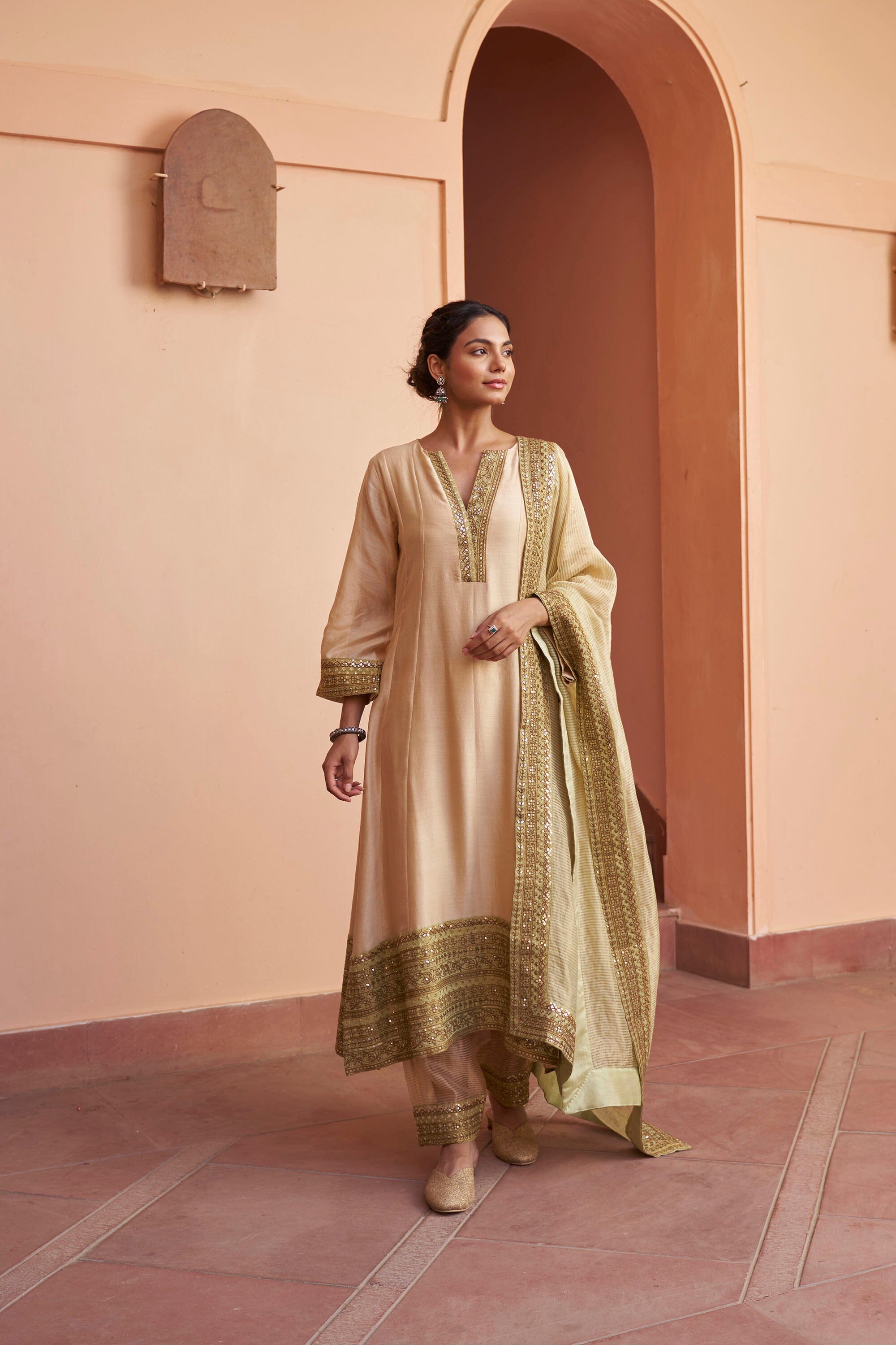 kikli beige-set of 3(kurta, pant & dupatta) Naaz By Noor