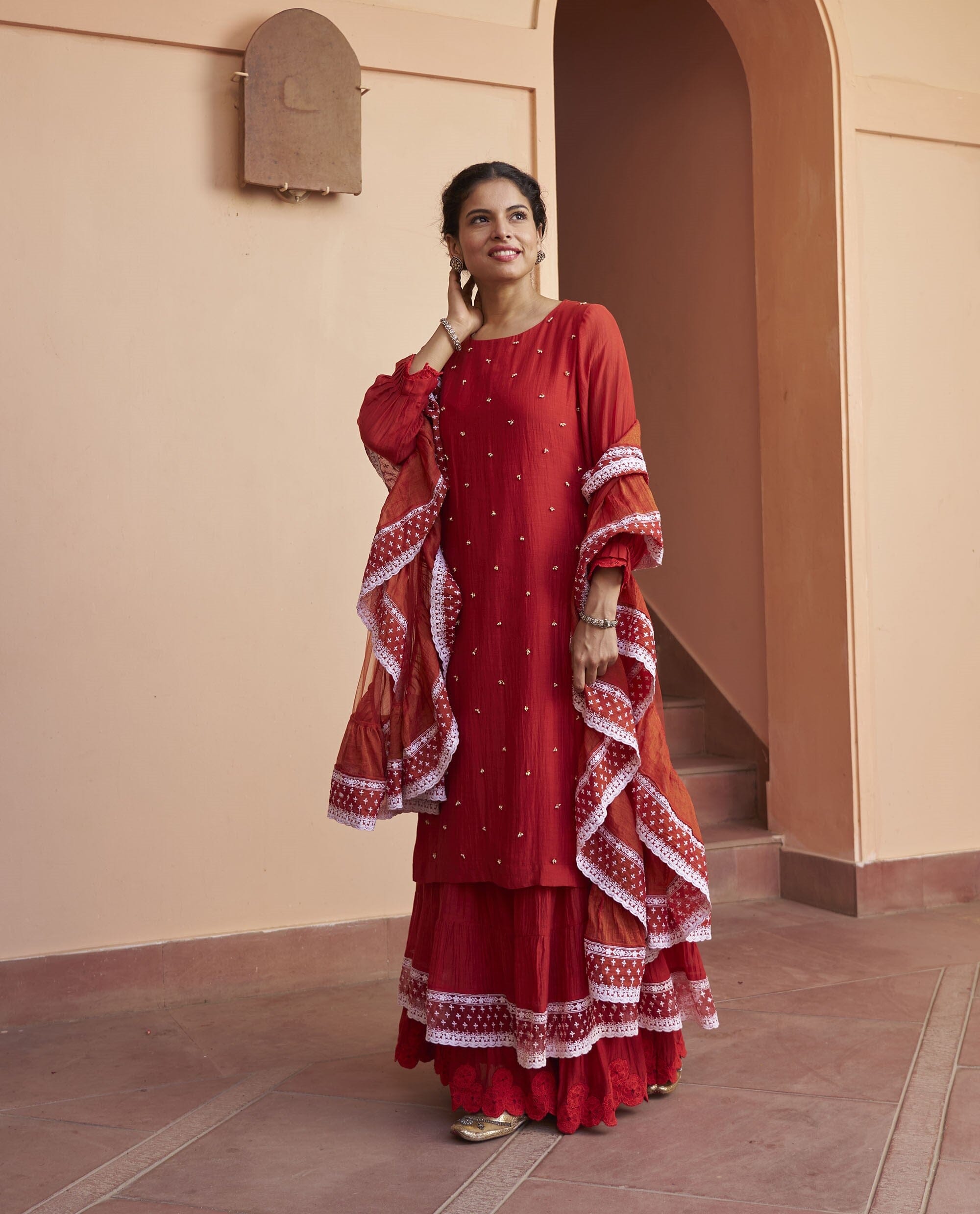 kikli crimson- set of 3(kurta, sharara & dupatta) Naaz By Noor
