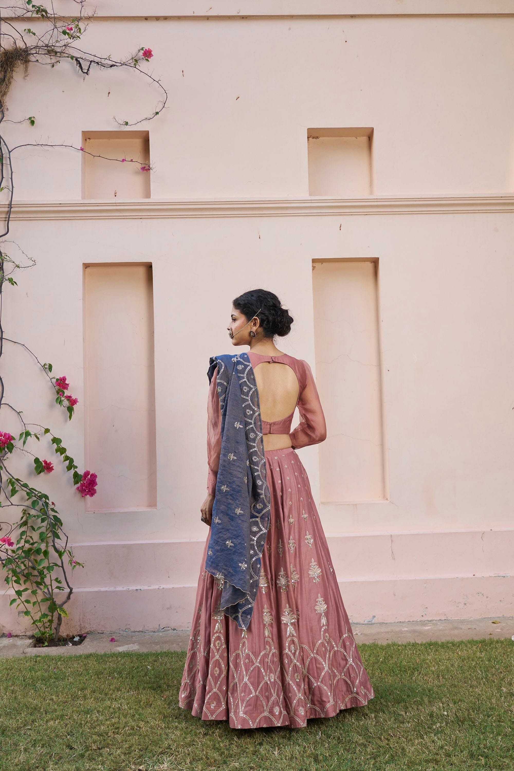 kikli dusky rose lehenga-set of 3( blouse, kalidar skirt & dupatta) Naaz By Noor