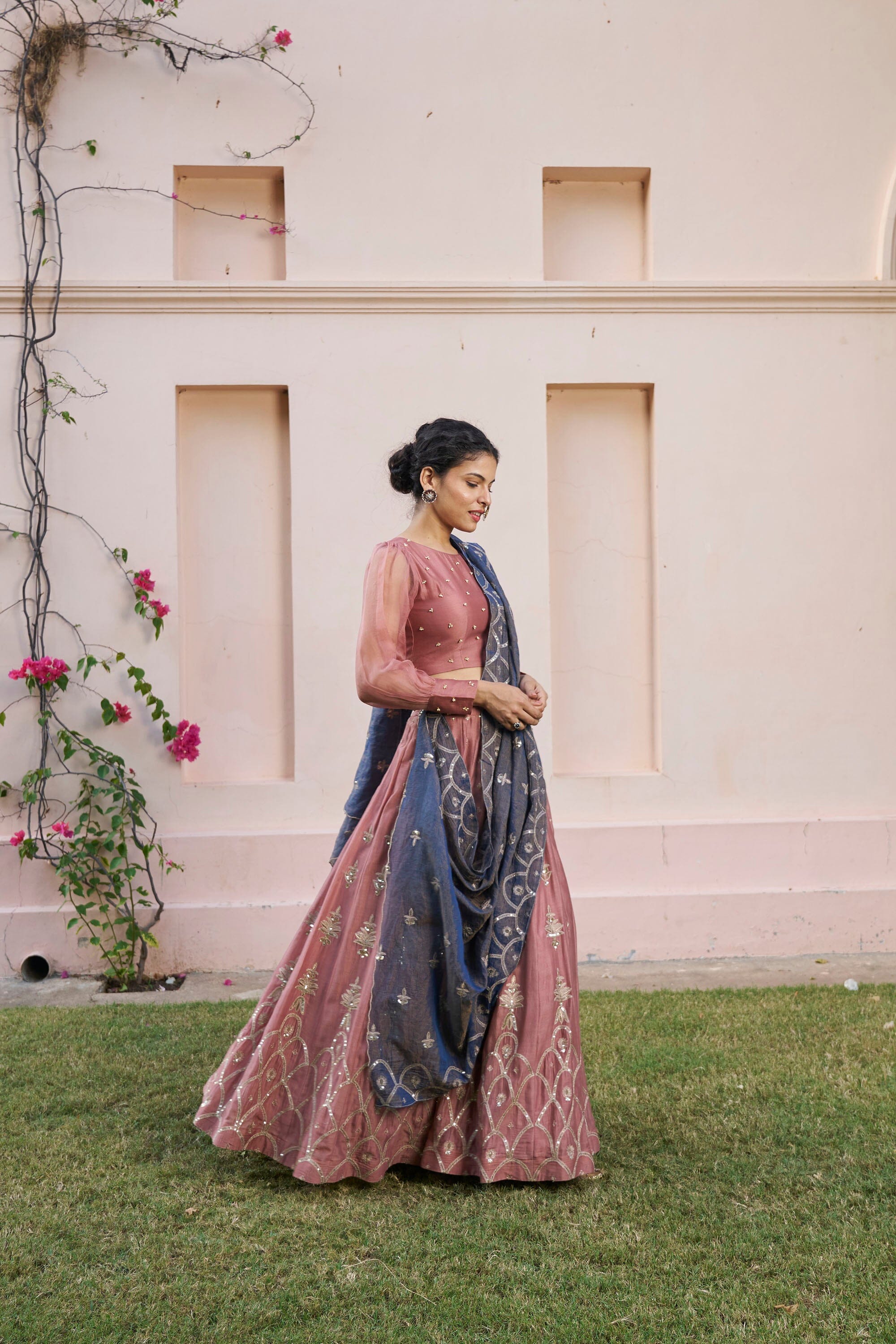 kikli dusky rose lehenga-set of 3( blouse, kalidar skirt & dupatta) Naaz By Noor