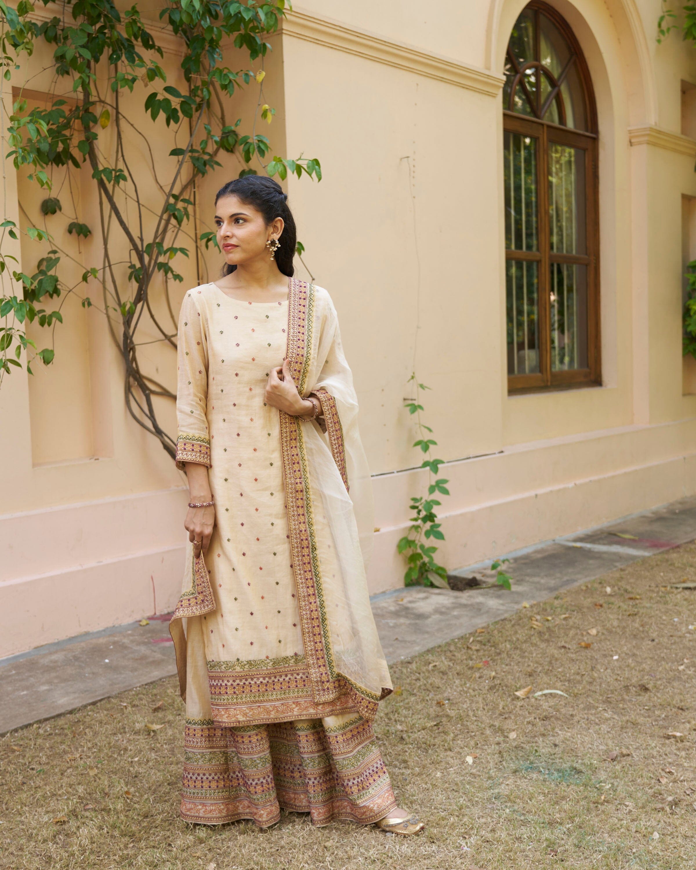 kikli golden cream sharara- set of 3( kurta, sharara & dupatta) Naaz By Noor