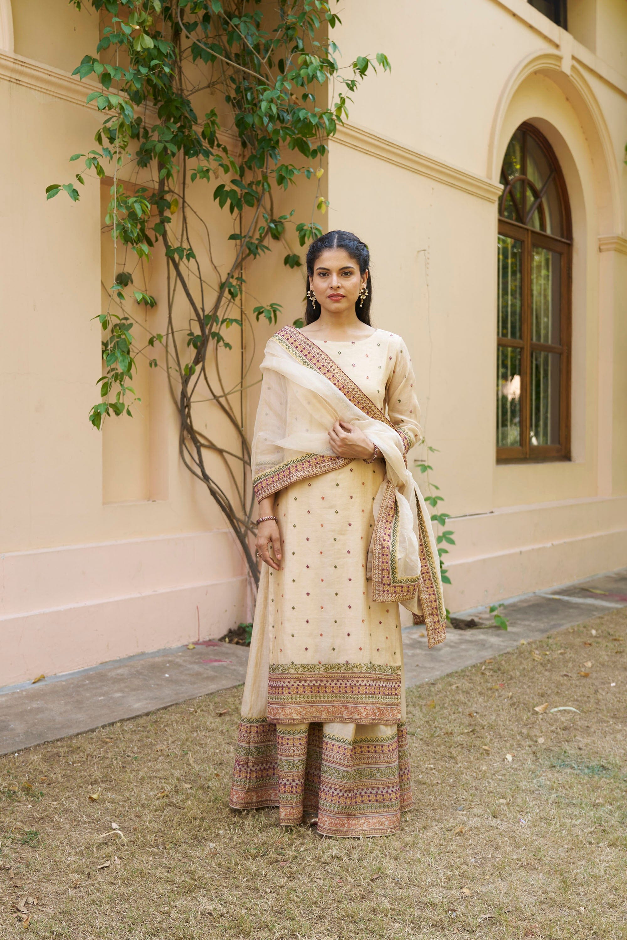 kikli golden cream sharara- set of 3( kurta, sharara & dupatta) Naaz By Noor