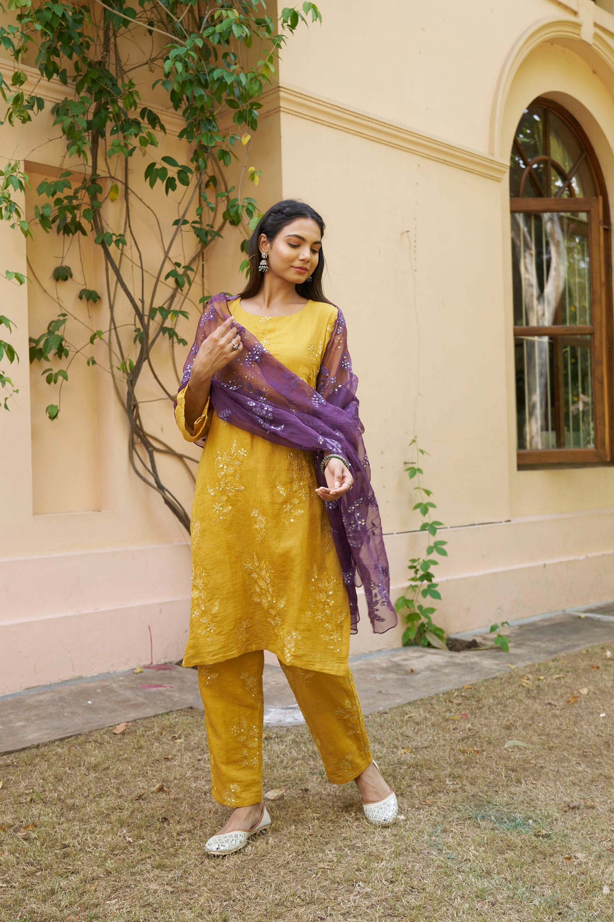 kikli mustard- set of 3( kurta, pant & dupatta) Naaz By Noor