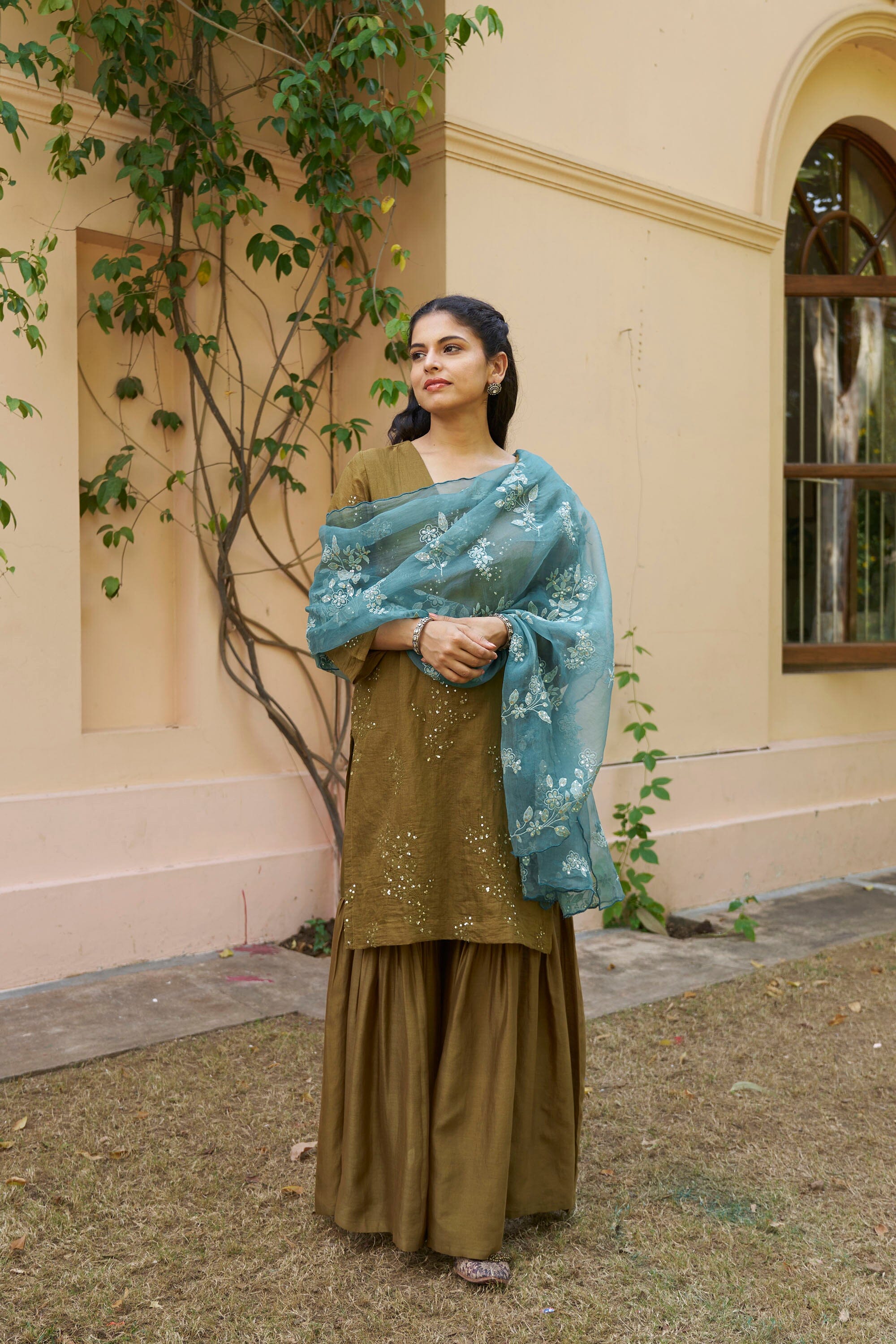 kikli olive-set of 3( kurta, sharara & dupatta) Naaz By Noor