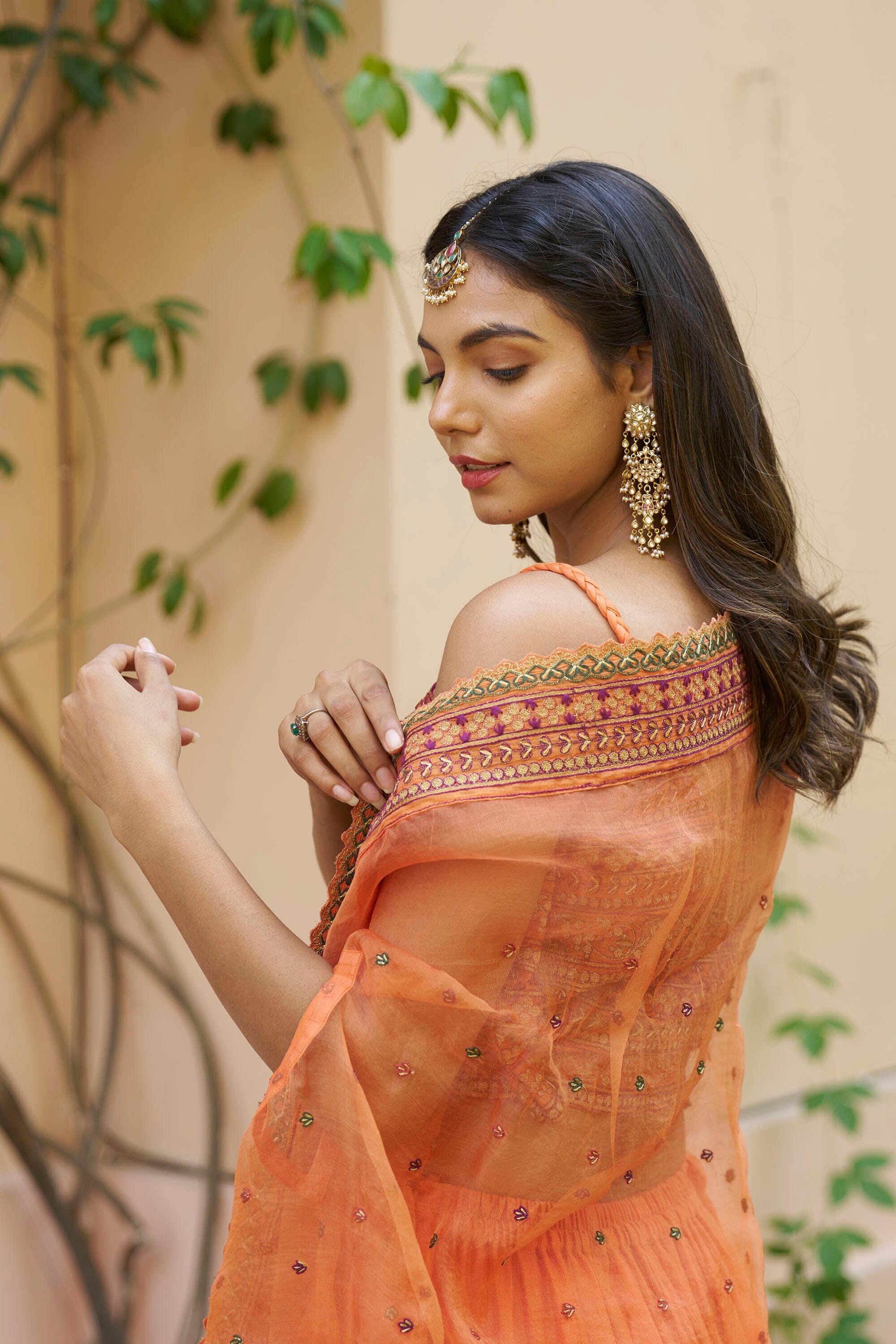 kikli orange-set of 3 ( crop top, sharara & cape style dupatta) Naaz By Noor