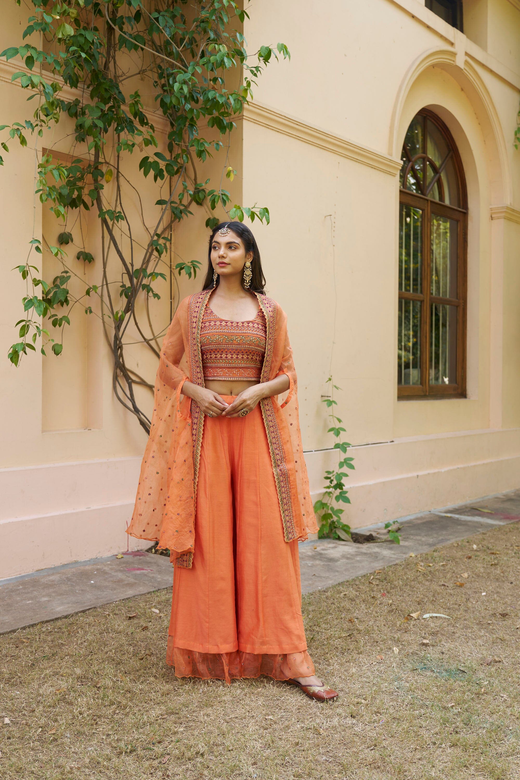 kikli orange-set of 3 ( crop top, sharara & cape style dupatta) Naaz By Noor