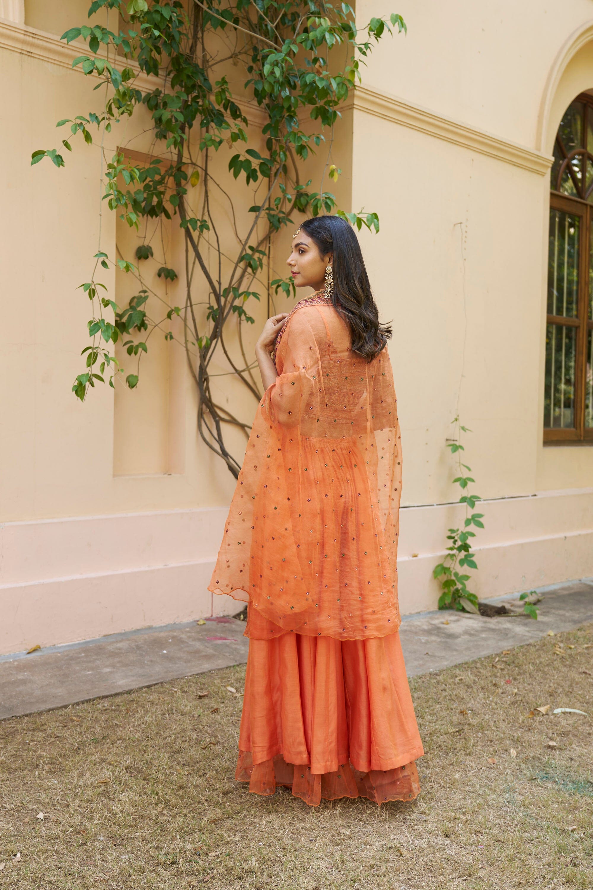 kikli orange-set of 3 ( crop top, sharara & cape style dupatta) Naaz By Noor
