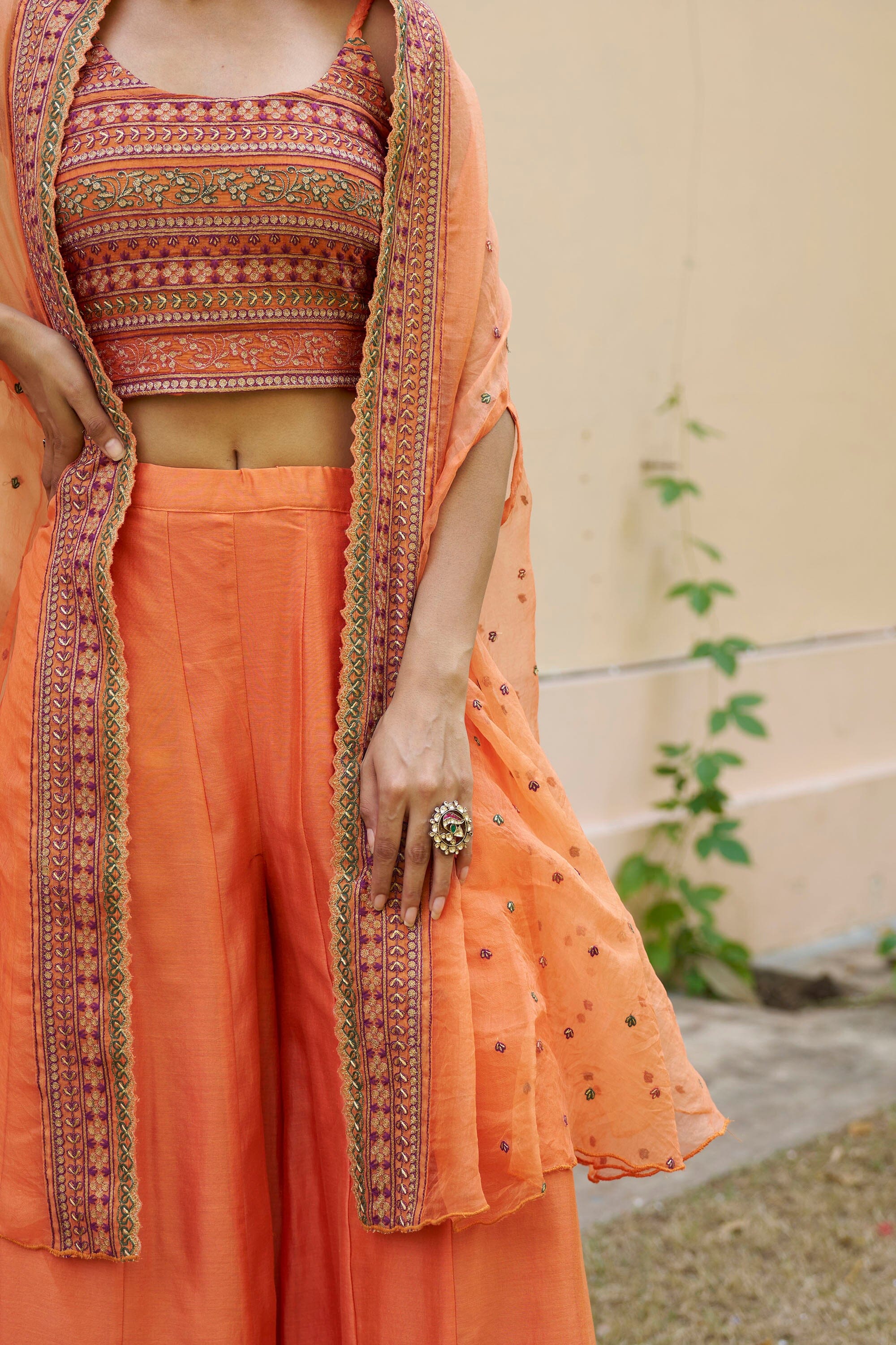 kikli orange-set of 3 ( crop top, sharara & cape style dupatta) Naaz By Noor