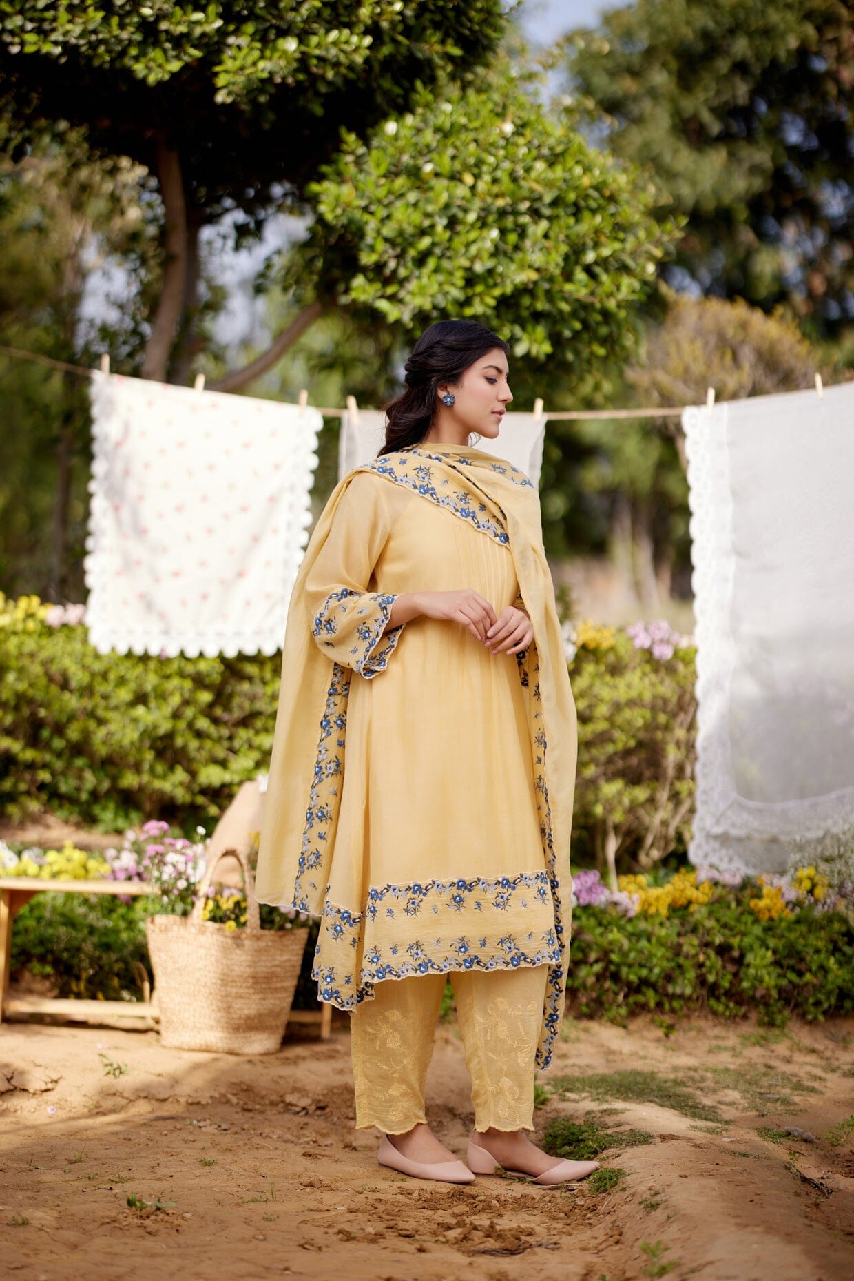 LEMON MERINGUE fields-set of 3(A- line kurta, pant & dupatta) Naaz By Noor