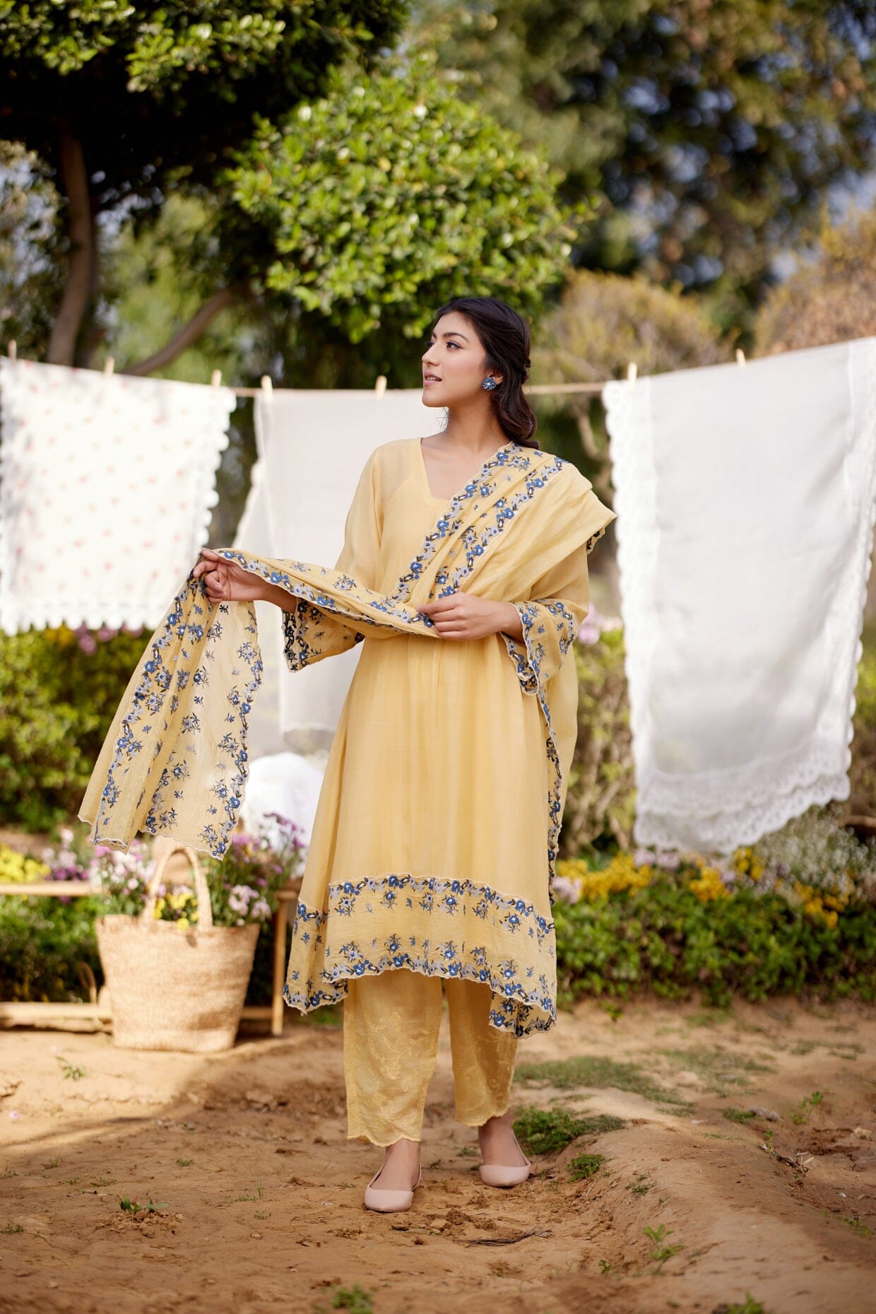 LEMON MERINGUE fields-set of 3(A- line kurta, pant & dupatta) Naaz By Noor