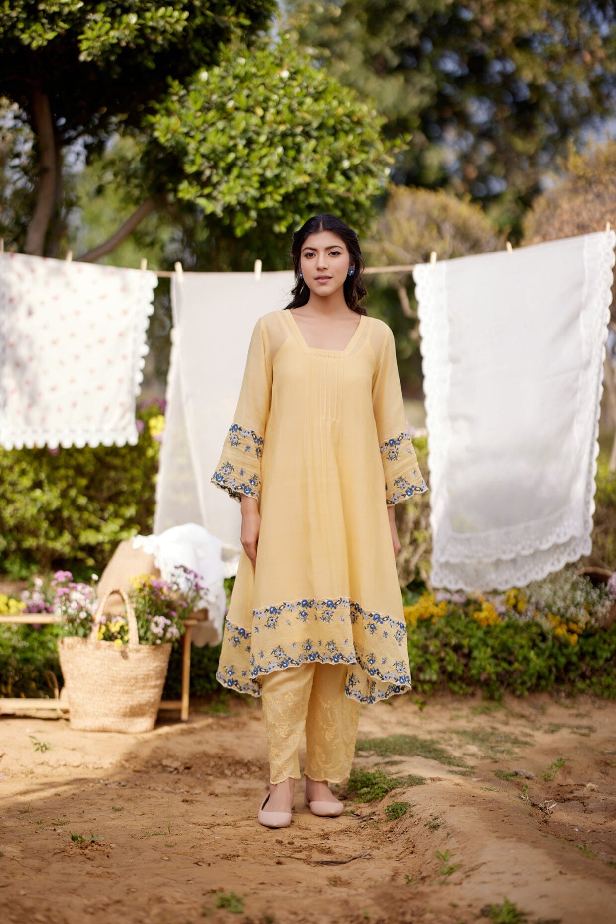 LEMON MERINGUE fields-set of 3(A- line kurta, pant & dupatta) Naaz By Noor
