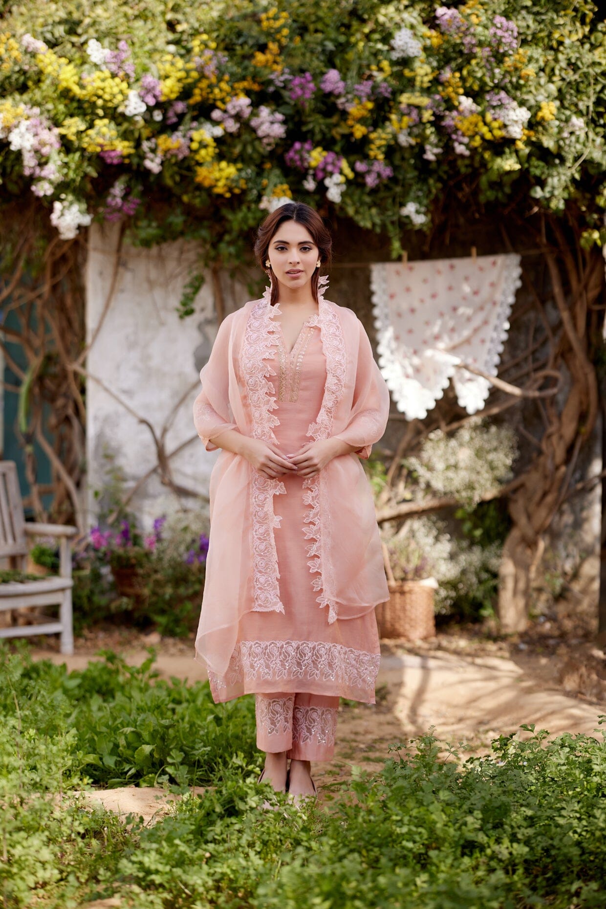 PINK CHERRY BLOSSOM fields- set of 3 ( kurta, pant & dupatta) Naaz By Noor