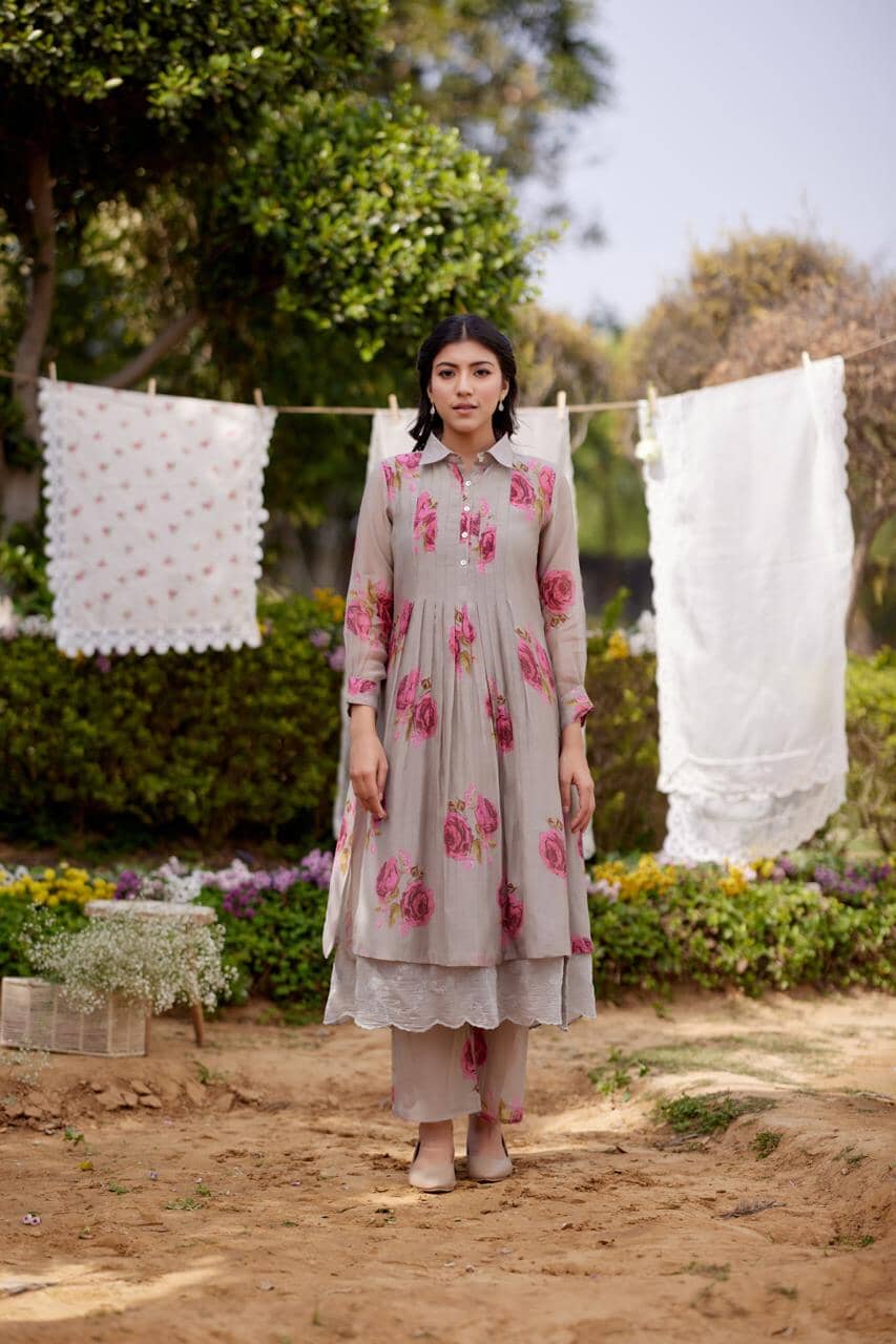 PINK ROSE fields- set of 2 ( kurta & pant) Naaz By Noor