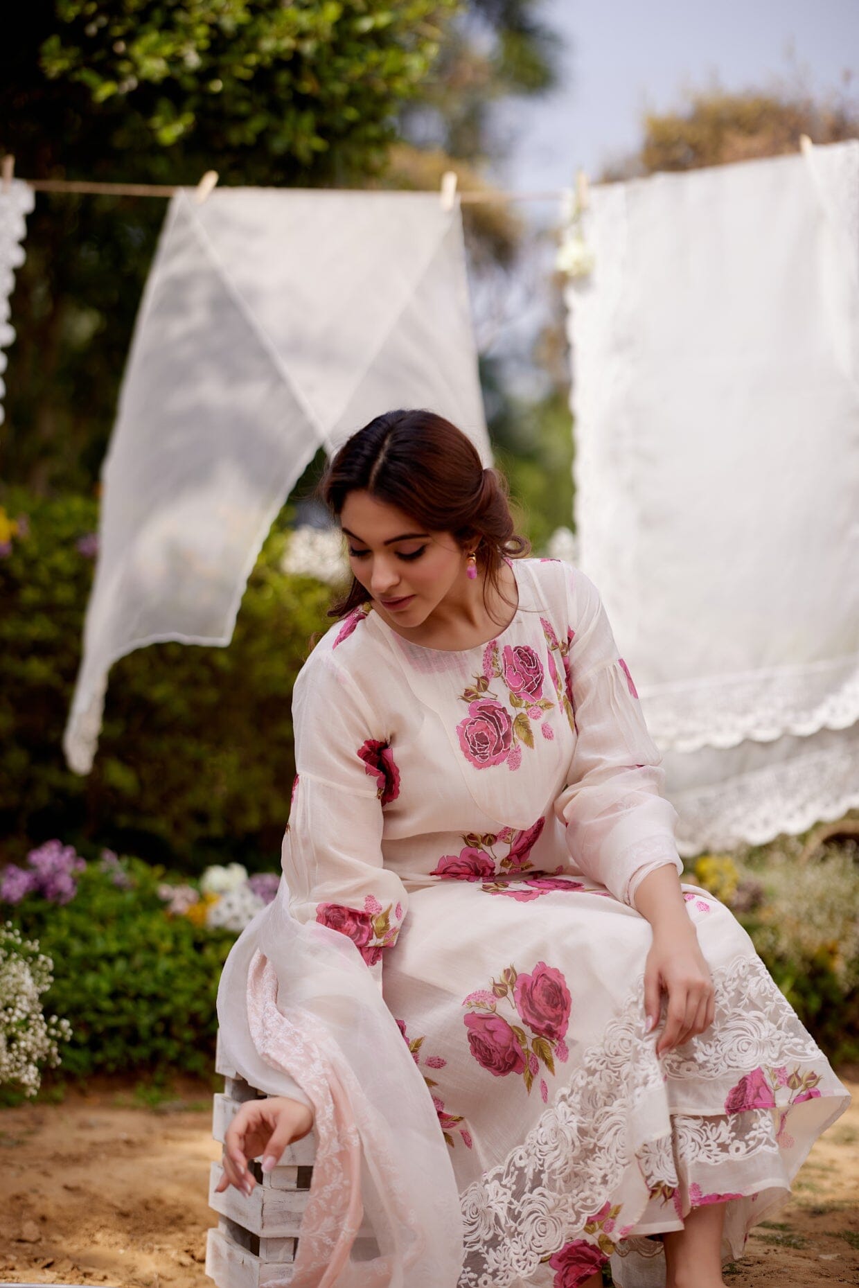 PINK ROSE fields- set of 3 ( kurta, pant & dupatta) Naaz By Noor