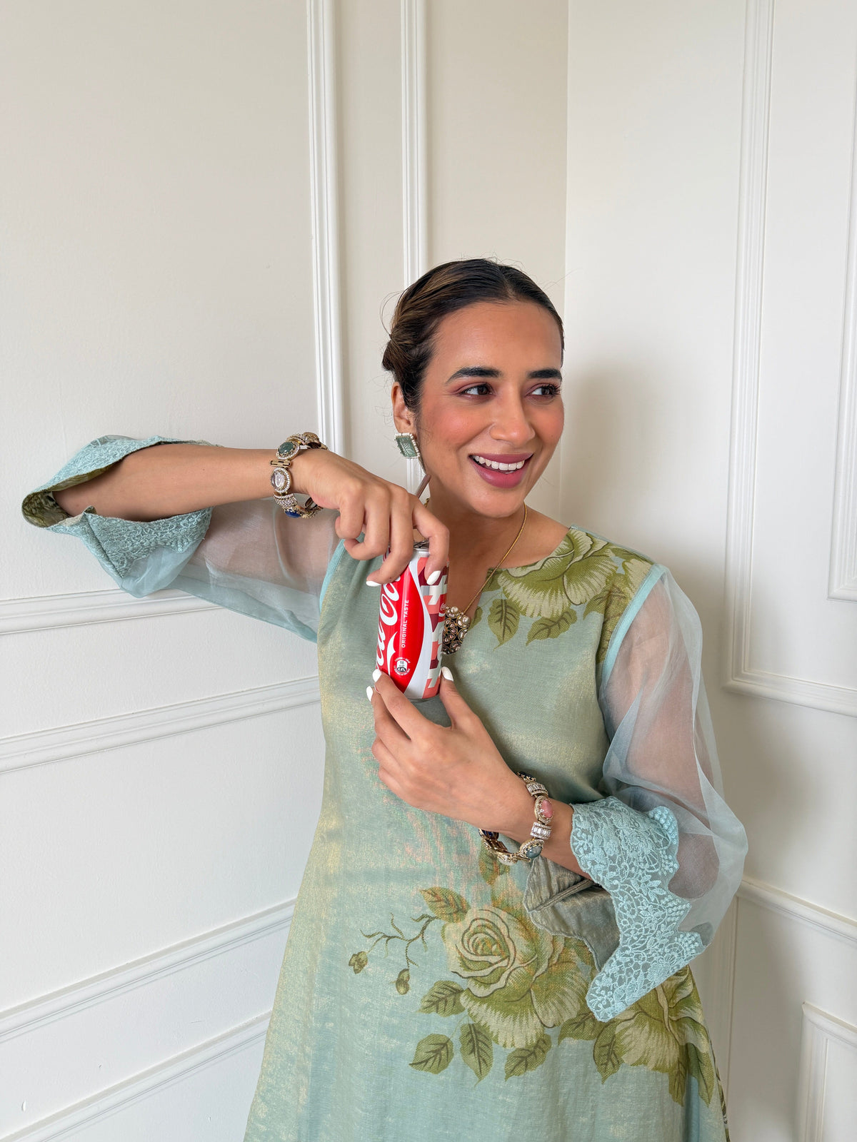 PRINTED TISSUE BLUE CORD-SET- SET OF 2( KURTA & PANT) Naaz By Noor