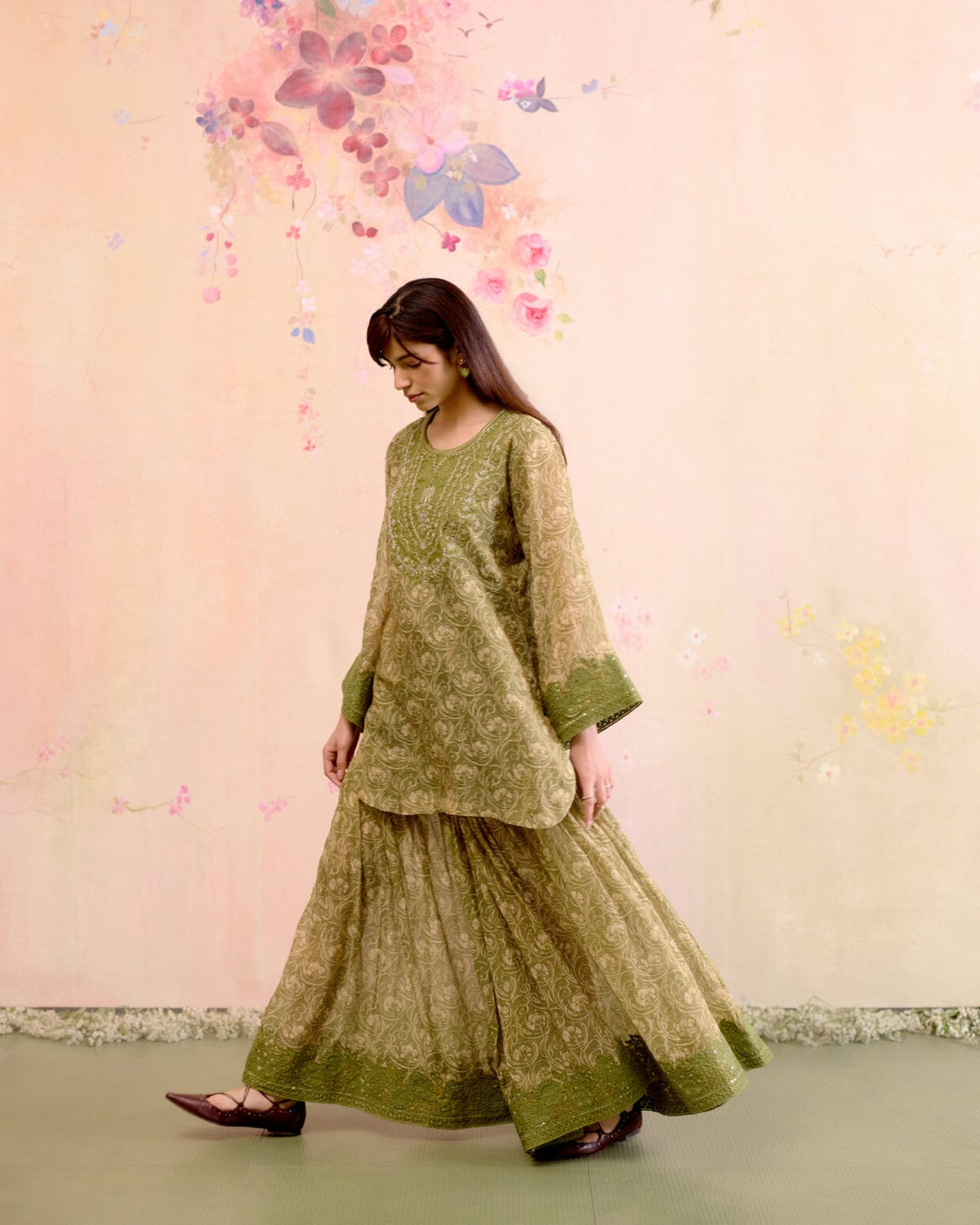 PRINTED TISSUE GREEN CORD-SET - SET OF 2 ( KURTA & SHARARA) Naaz By Noor