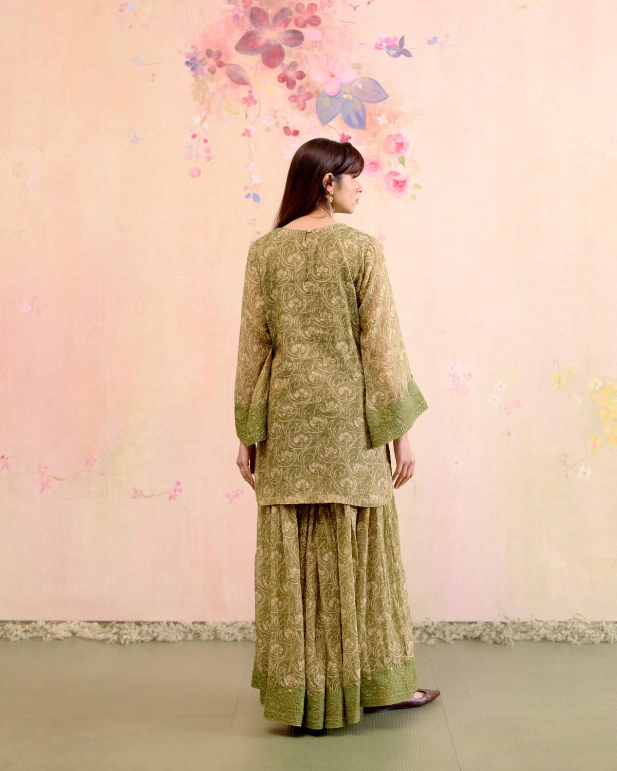 PRINTED TISSUE GREEN CORD-SET - SET OF 2 ( KURTA & SHARARA) Naaz By Noor