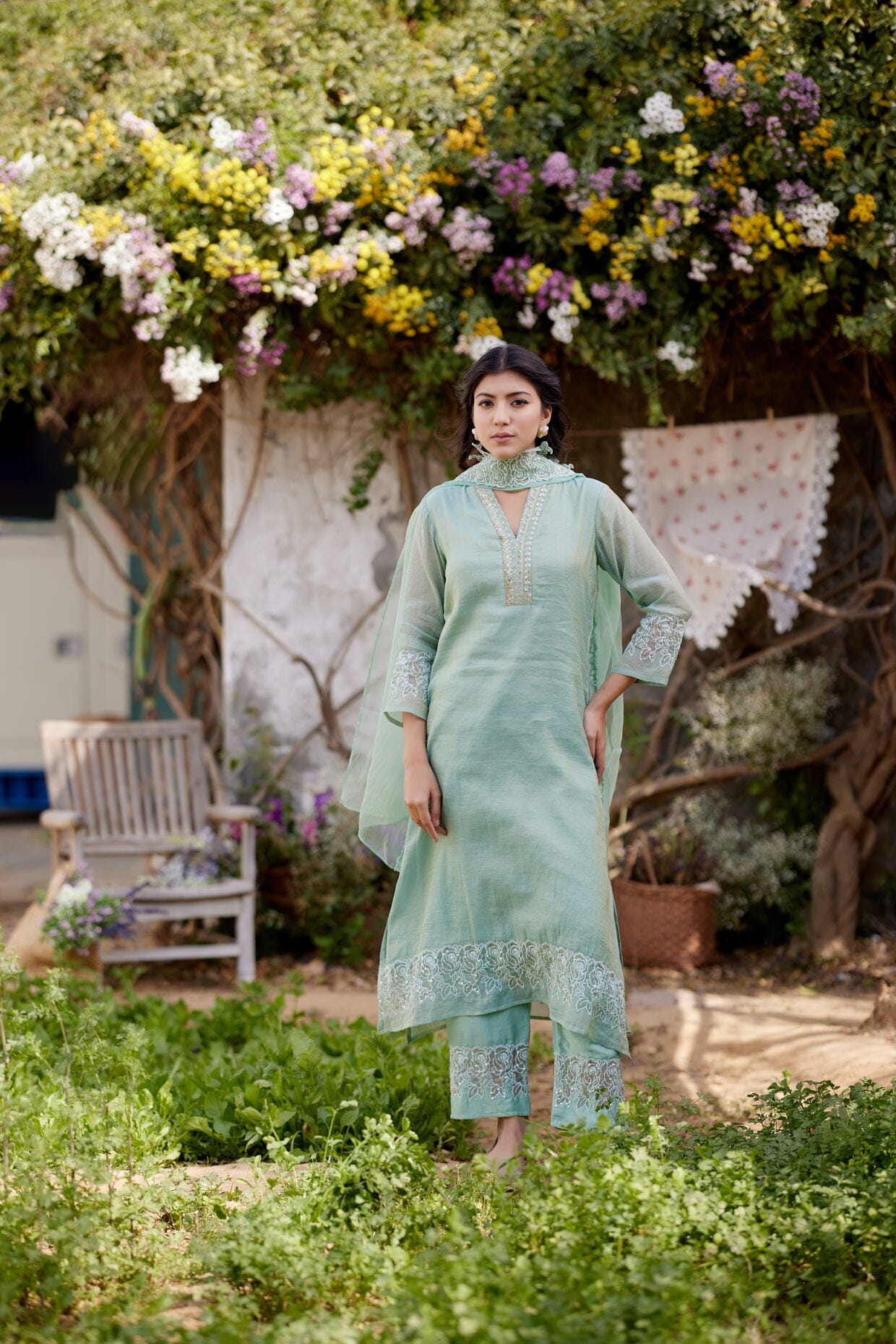 ROSA GREEN fields- set of 3 ( kurta, pant & dupatta) Naaz By Noor