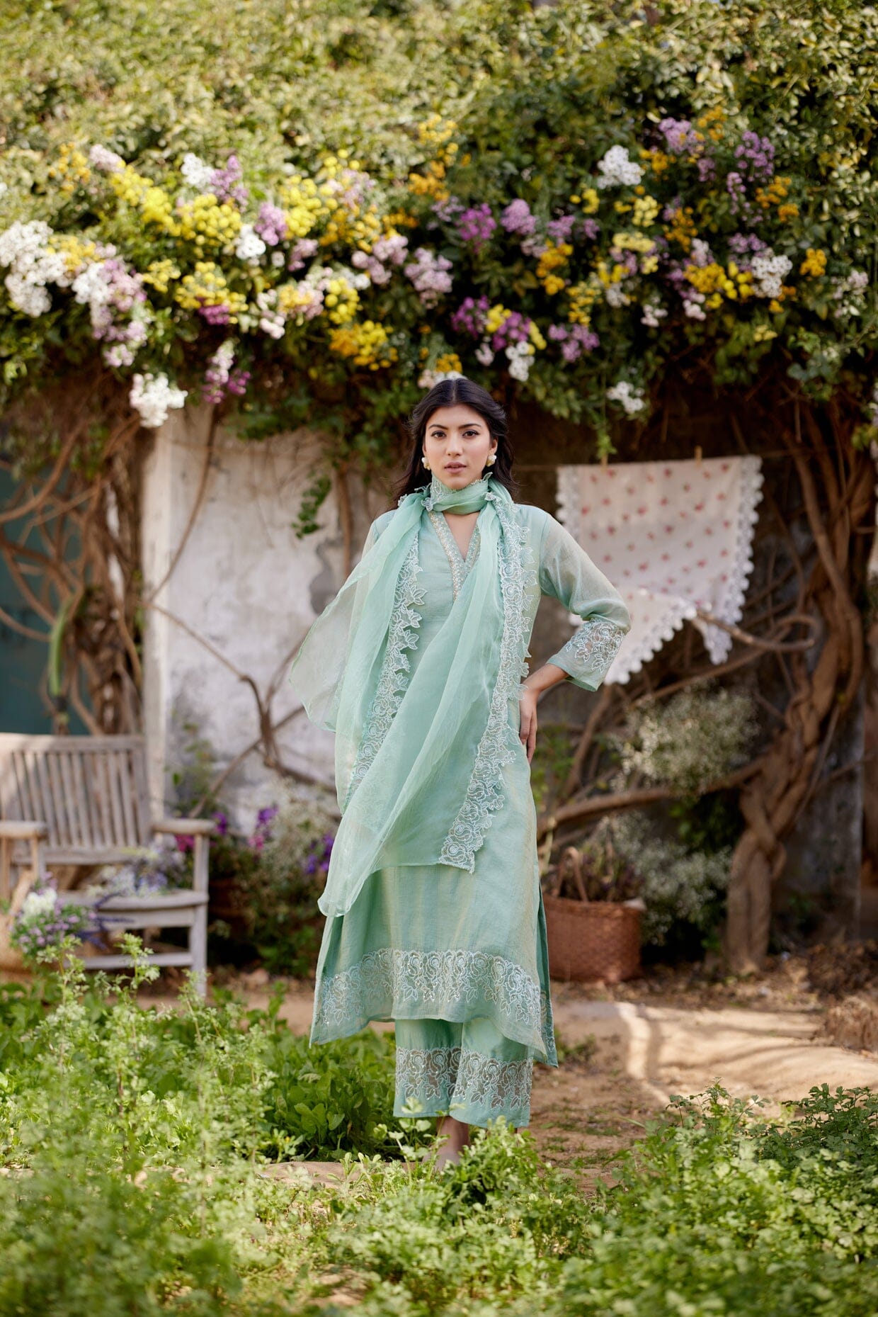 ROSA GREEN fields- set of 3 ( kurta, pant & dupatta) Naaz By Noor