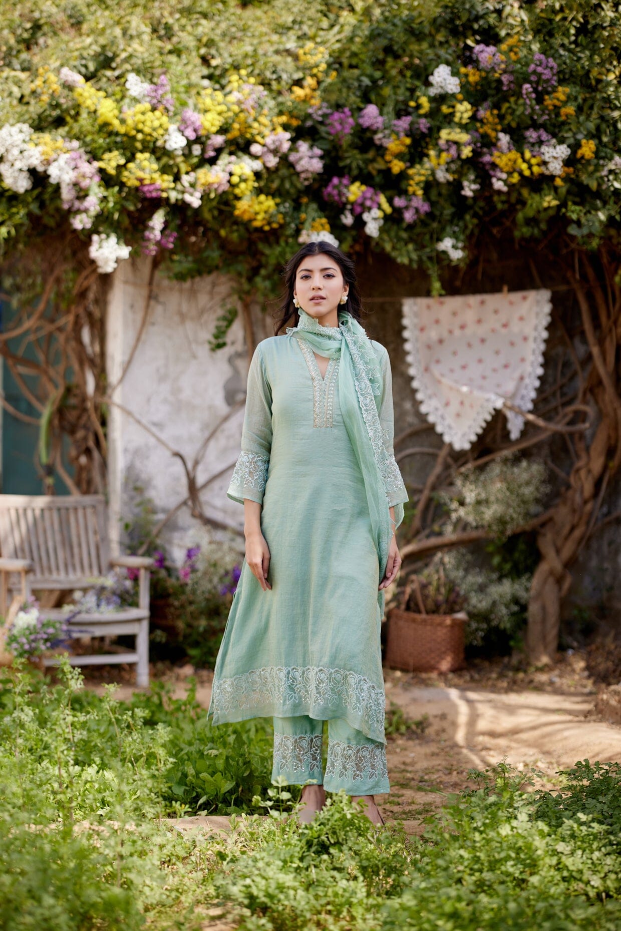 ROSA GREEN fields- set of 3 ( kurta, pant & dupatta) Naaz By Noor