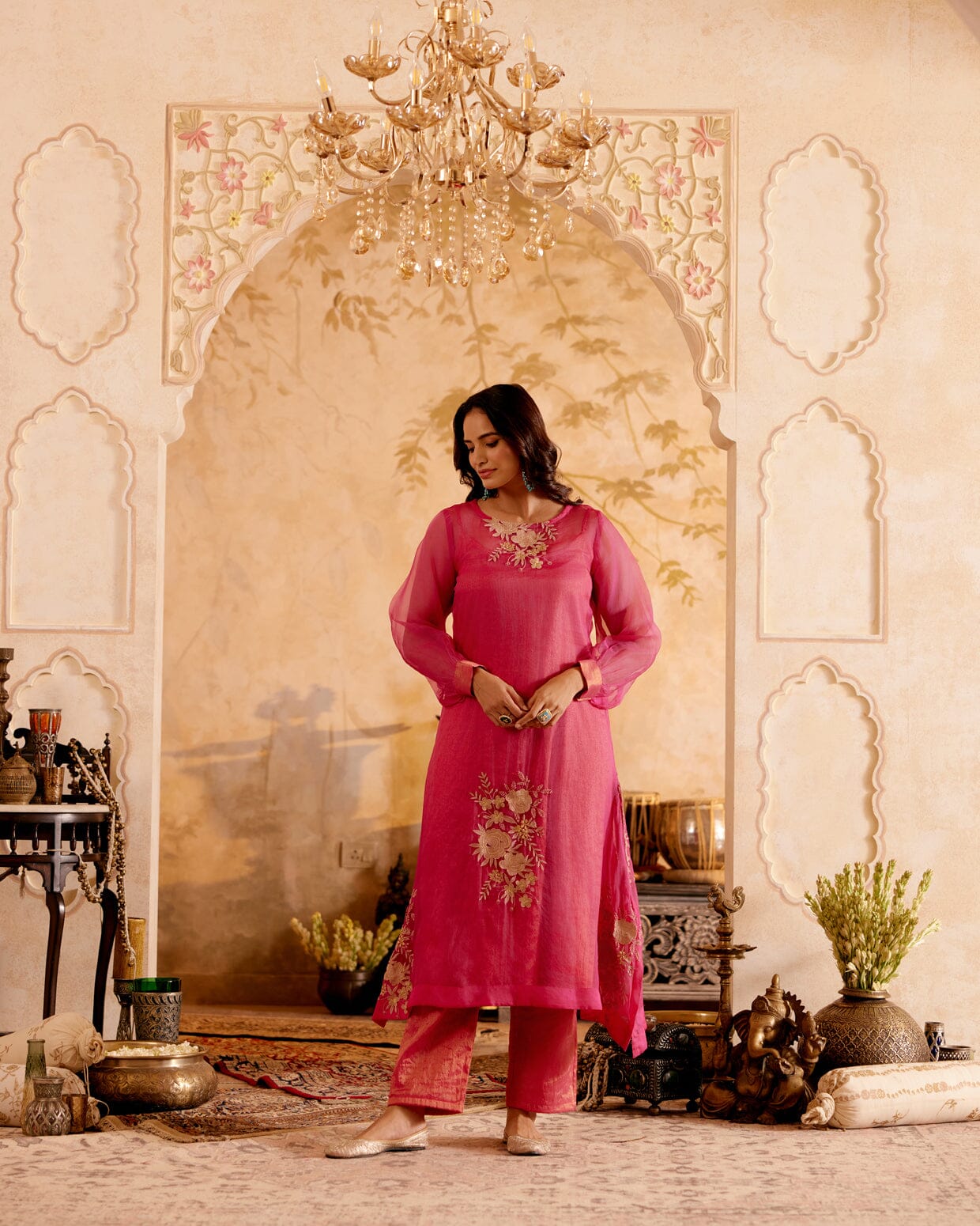 SURMAYI raag Bilawal- set of 3( kurta, pant & organza overlay) Naaz By Noor