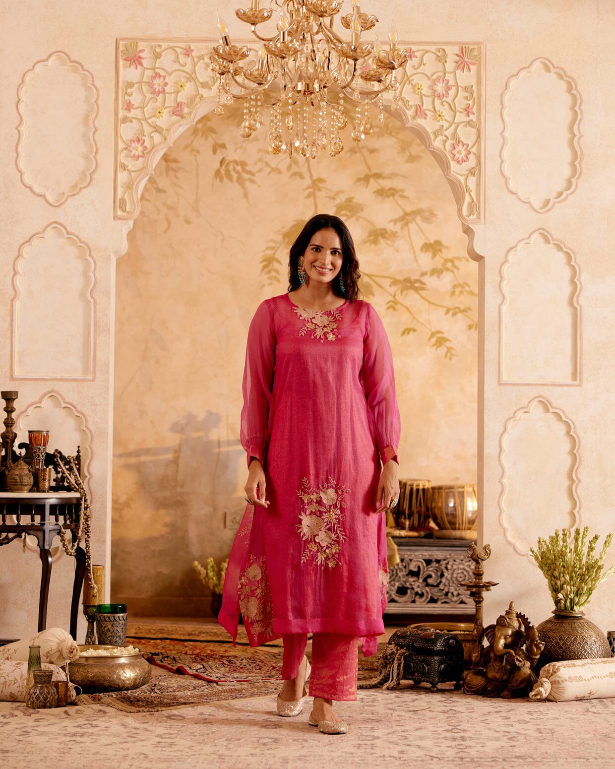 SURMAYI raag Bilawal- set of 3( kurta, pant & organza overlay) Naaz By Noor