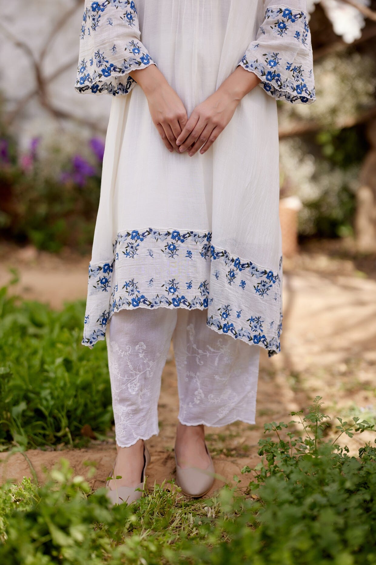 WHITE DAISY fields-set of 3 (A- line kurta, pant & dupatta) Naaz By Noor