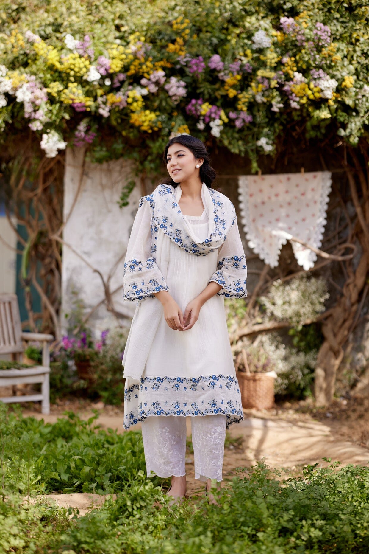WHITE DAISY fields-set of 3 (A- line kurta, pant & dupatta) Naaz By Noor