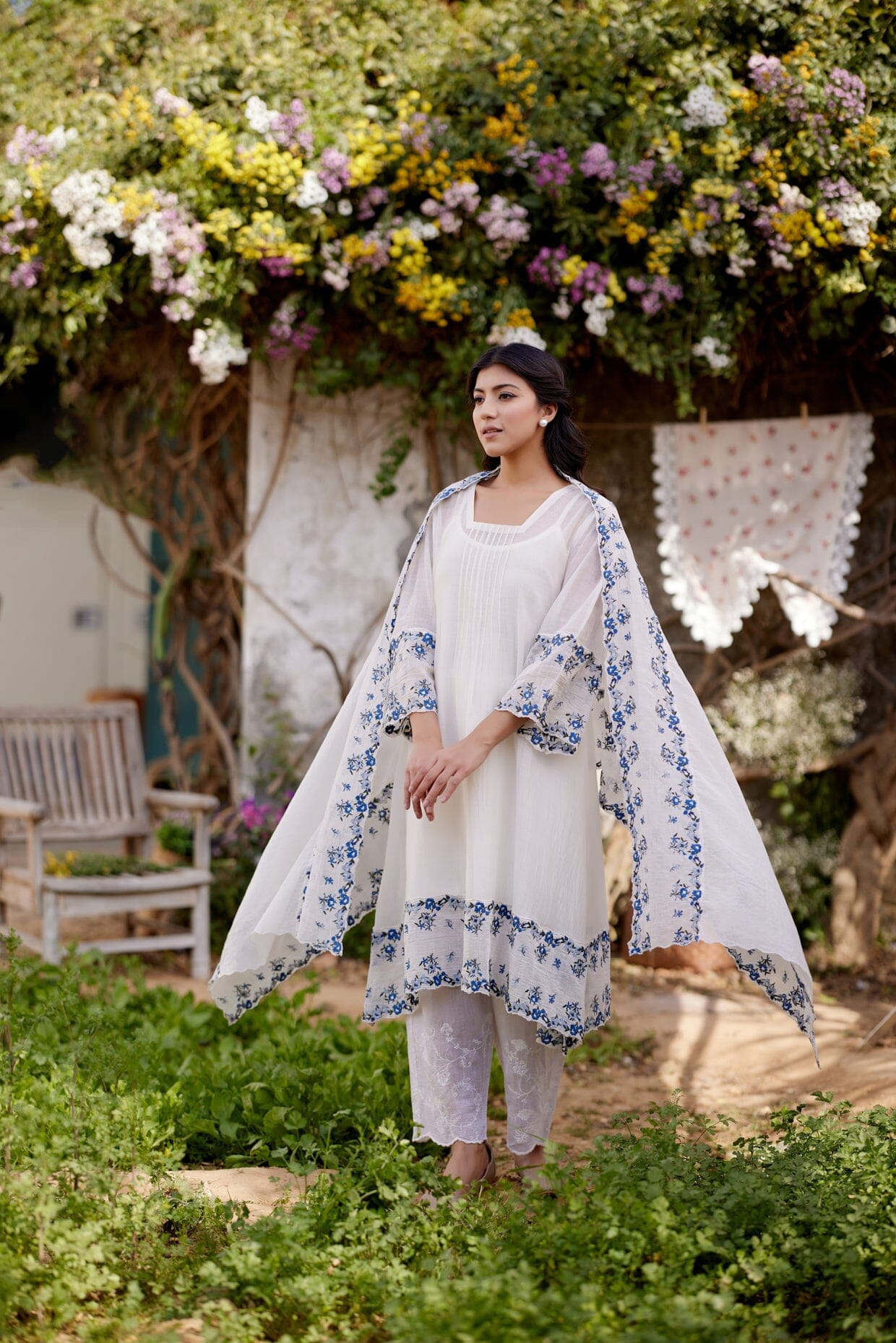 WHITE DAISY fields-set of 3 (A- line kurta, pant & dupatta) Naaz By Noor