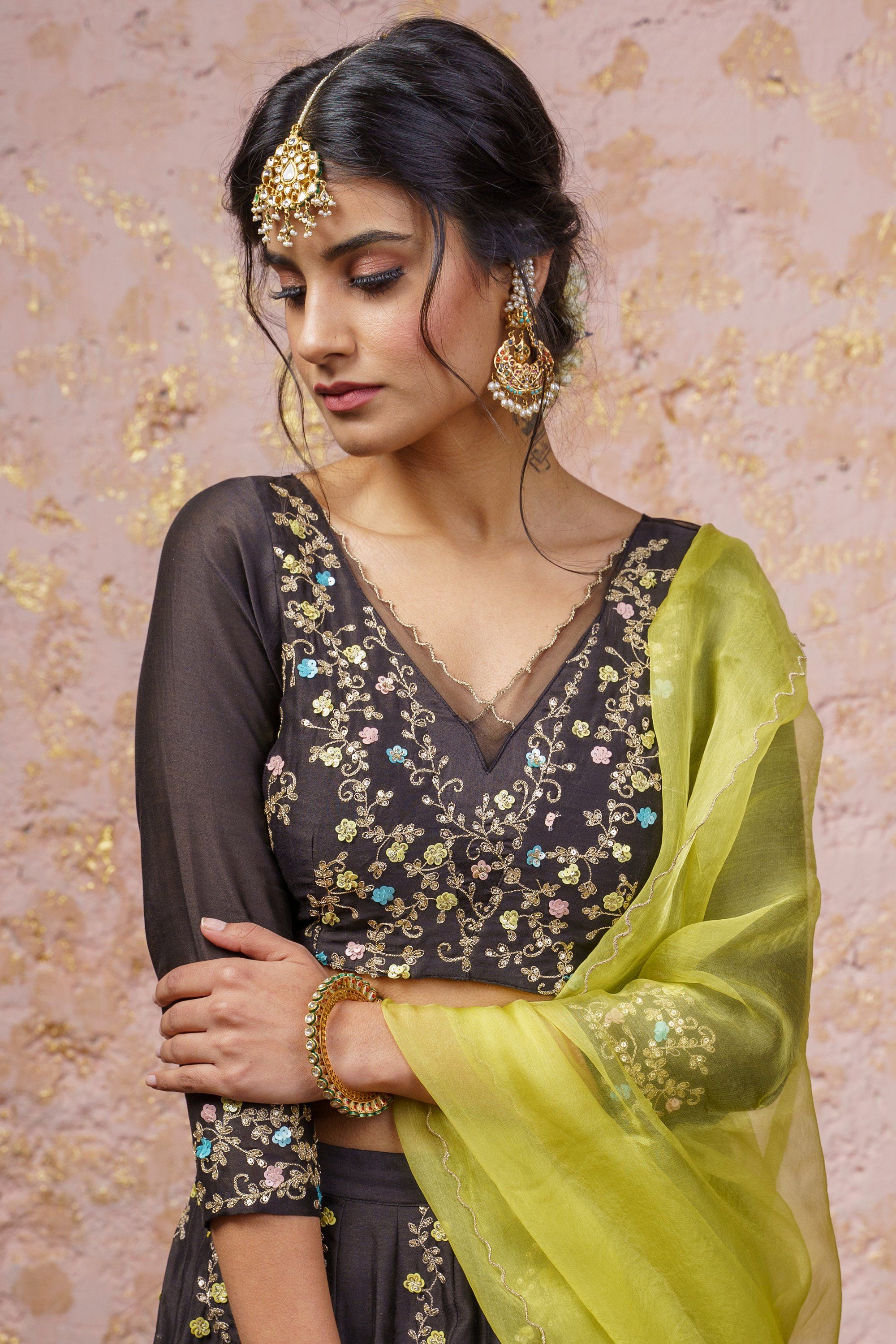 Black Lehenga Set With Yellow Dupatta - Naaz By Noor