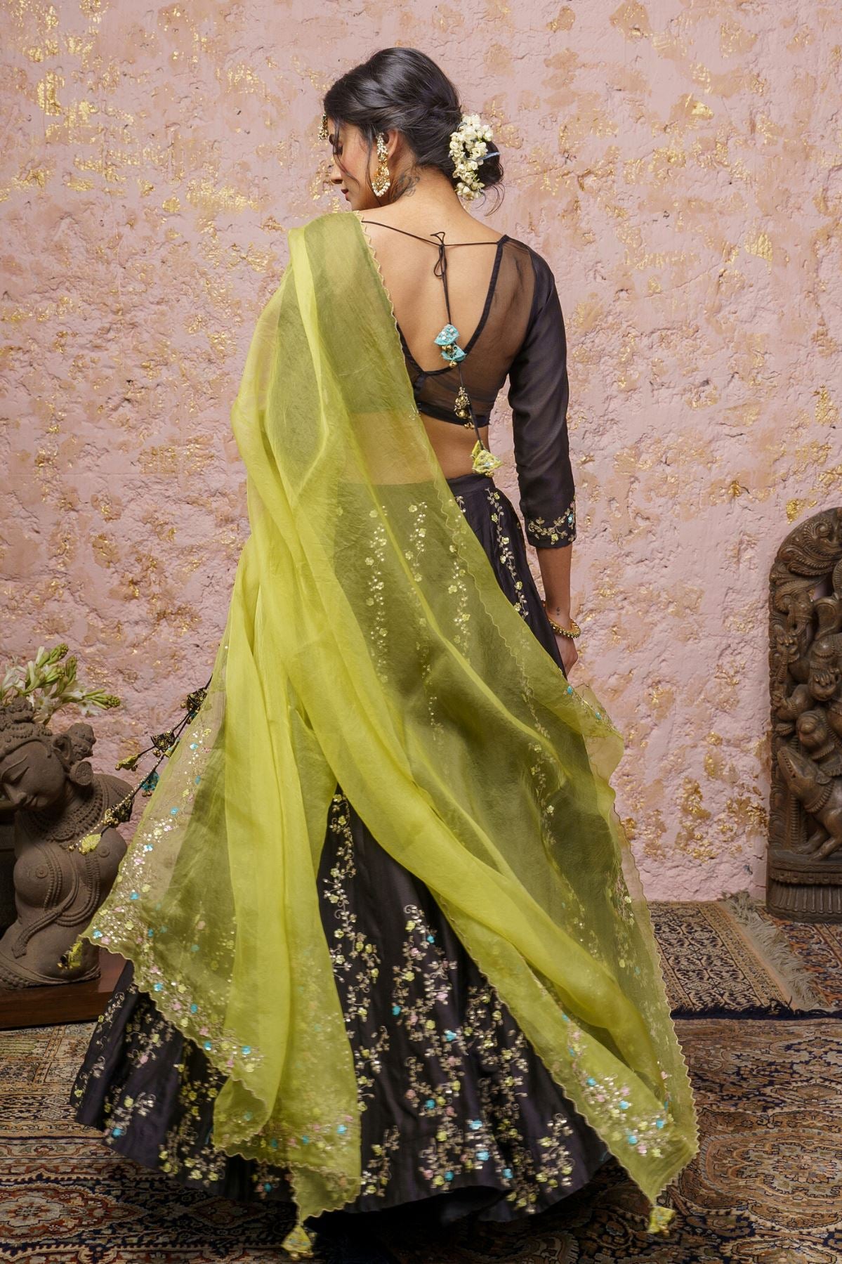 Black Lehenga Set With Yellow Dupatta - Naaz By Noor