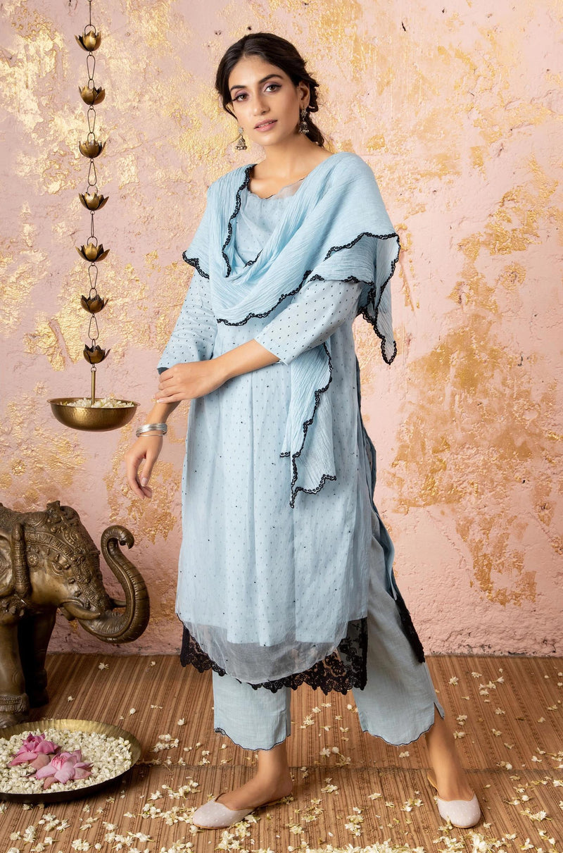 Blue Kurta With Straight Pants And Stole - Naaz By Noor