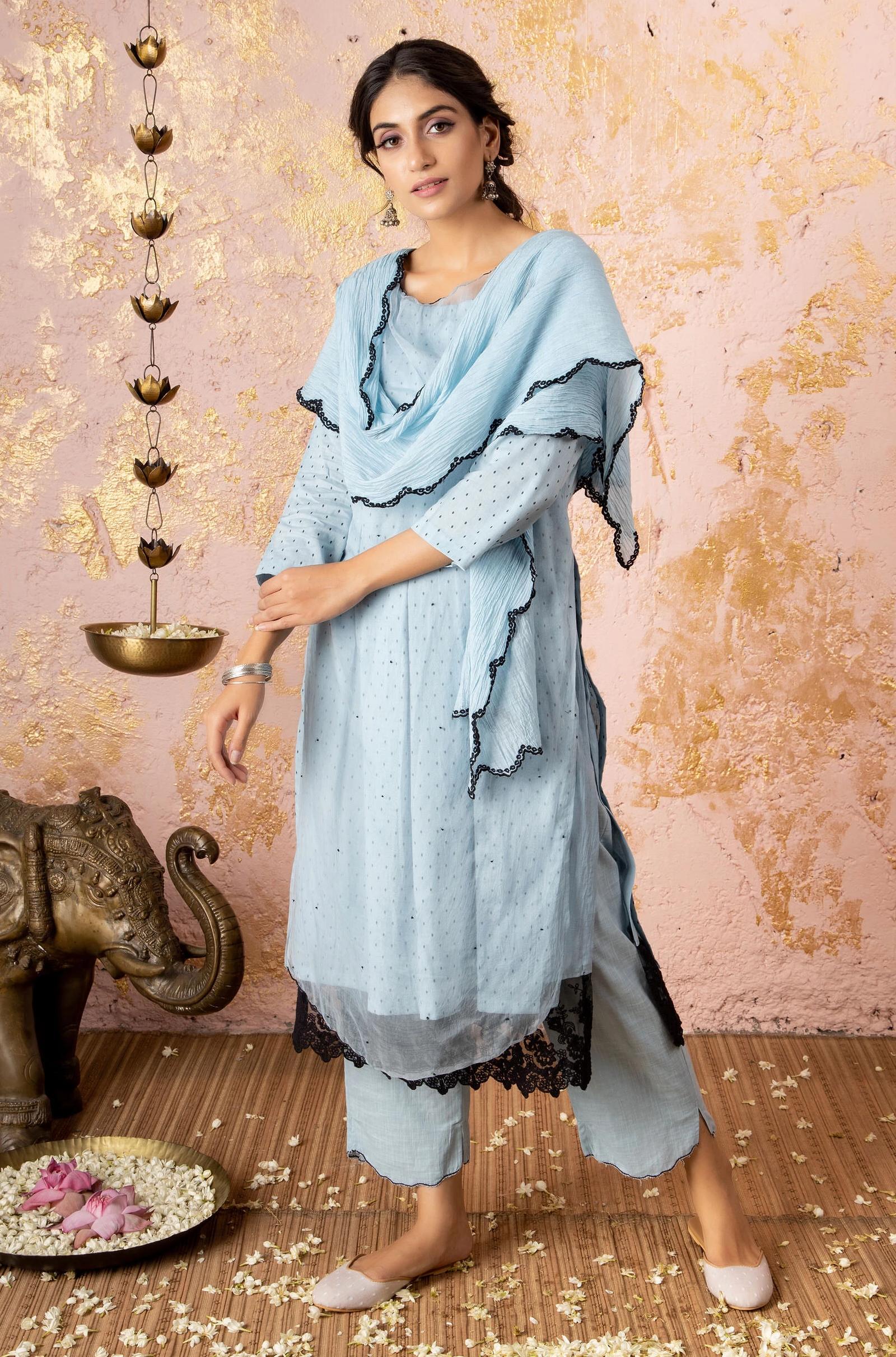 Blue Kurta With Straight Pants (Without Stole) - Naaz By Noor