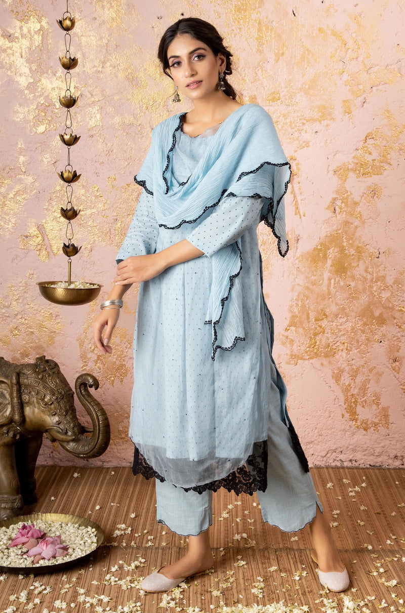 Blue Kurta With Straight Pants (Without Stole) - Naaz By Noor
